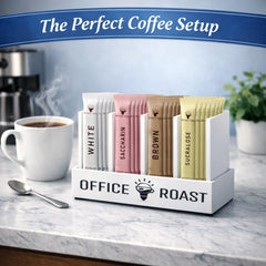 Assorted Office Roast packets scattered on table demonstrating variety for guests