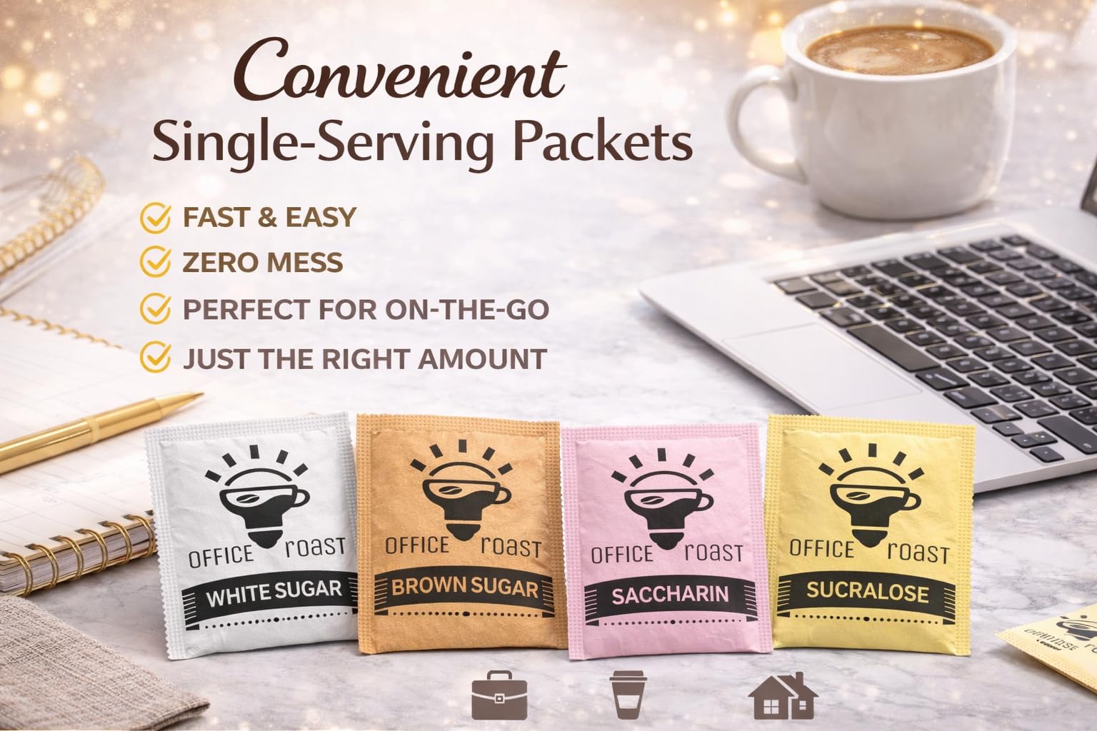 Office Roast packets displayed at a coffee station speeding service and hygiene