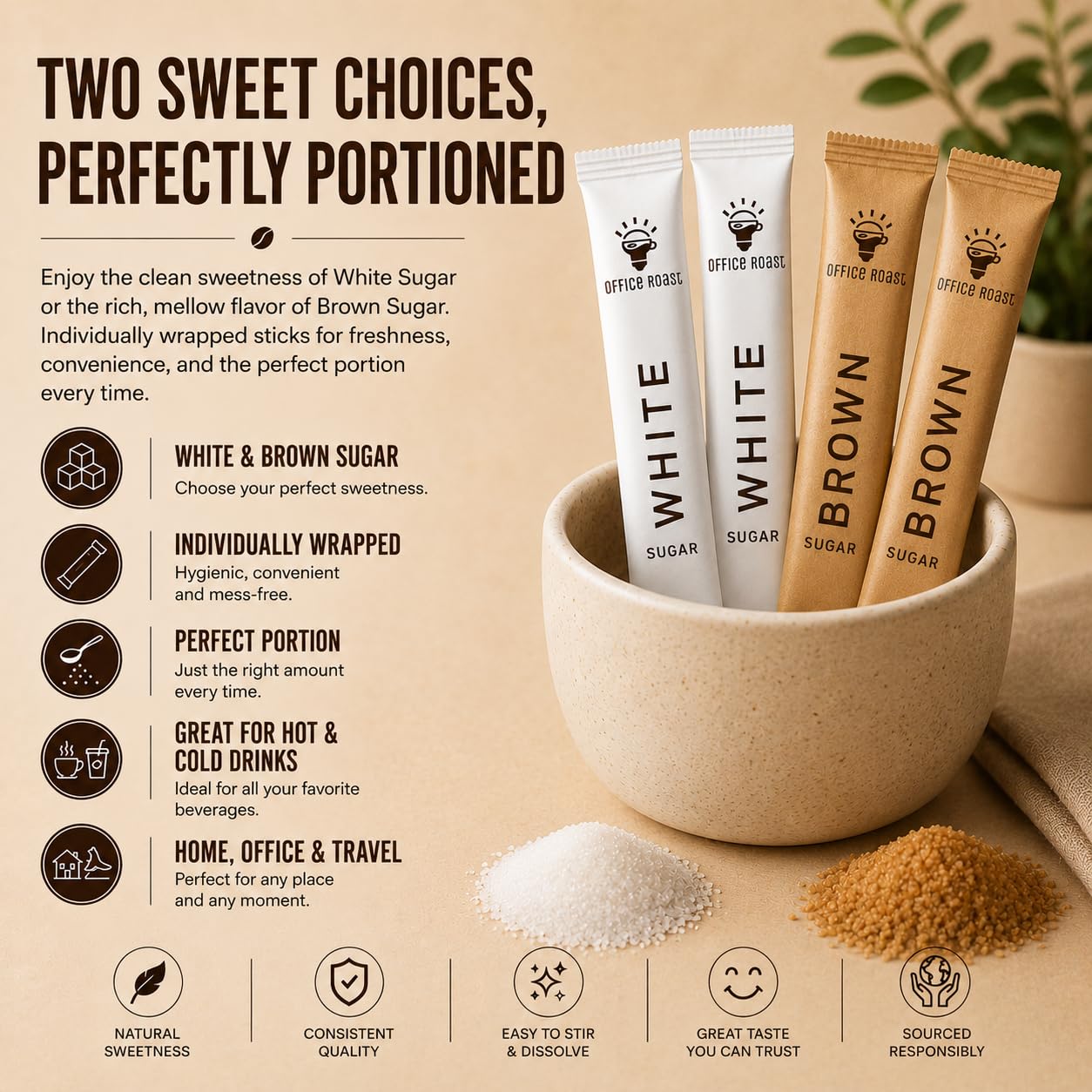 Office Roast stick next to teaspoon showing slim size for space-saving storage