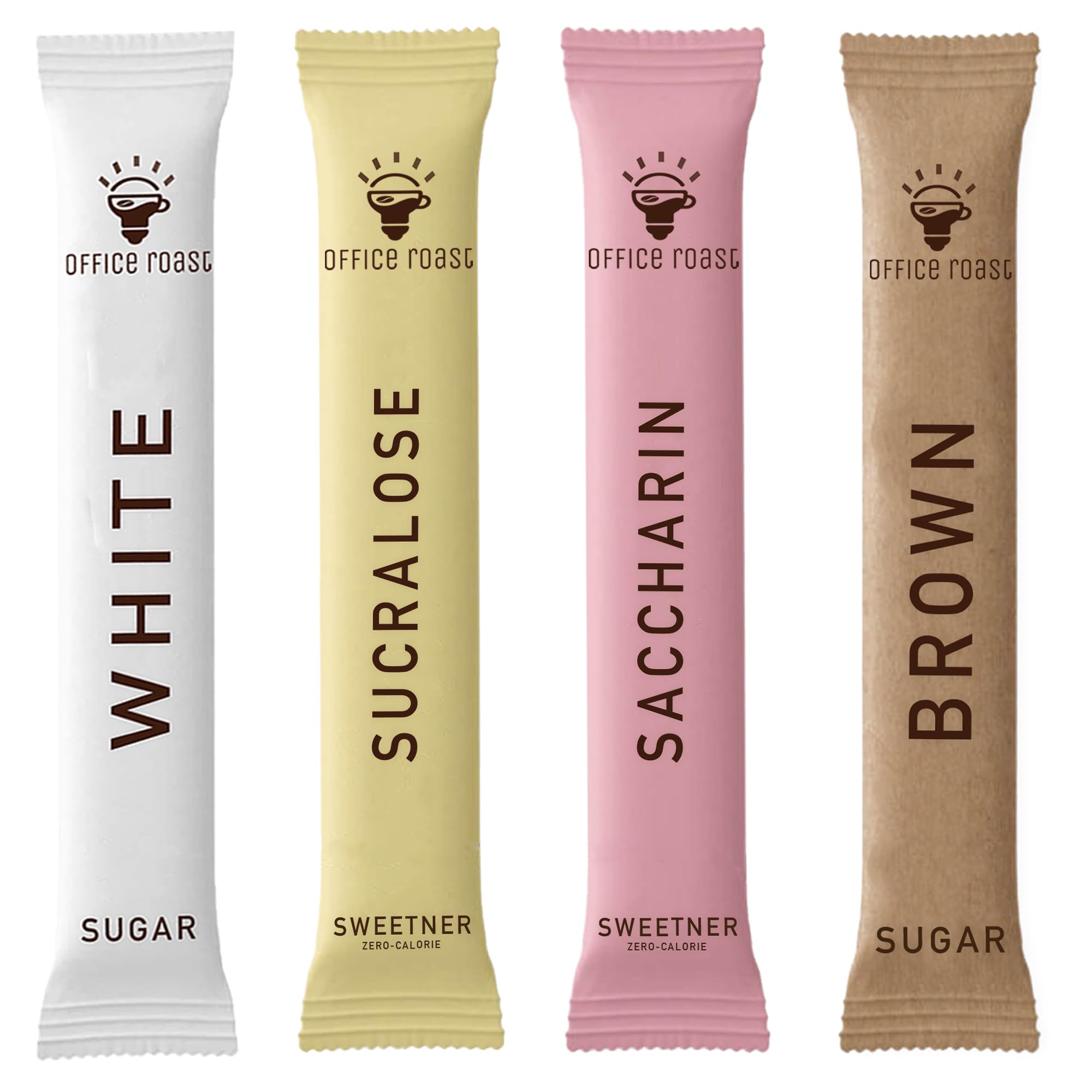 Office Roast front packaging showing four sweetener types and packet count benefits