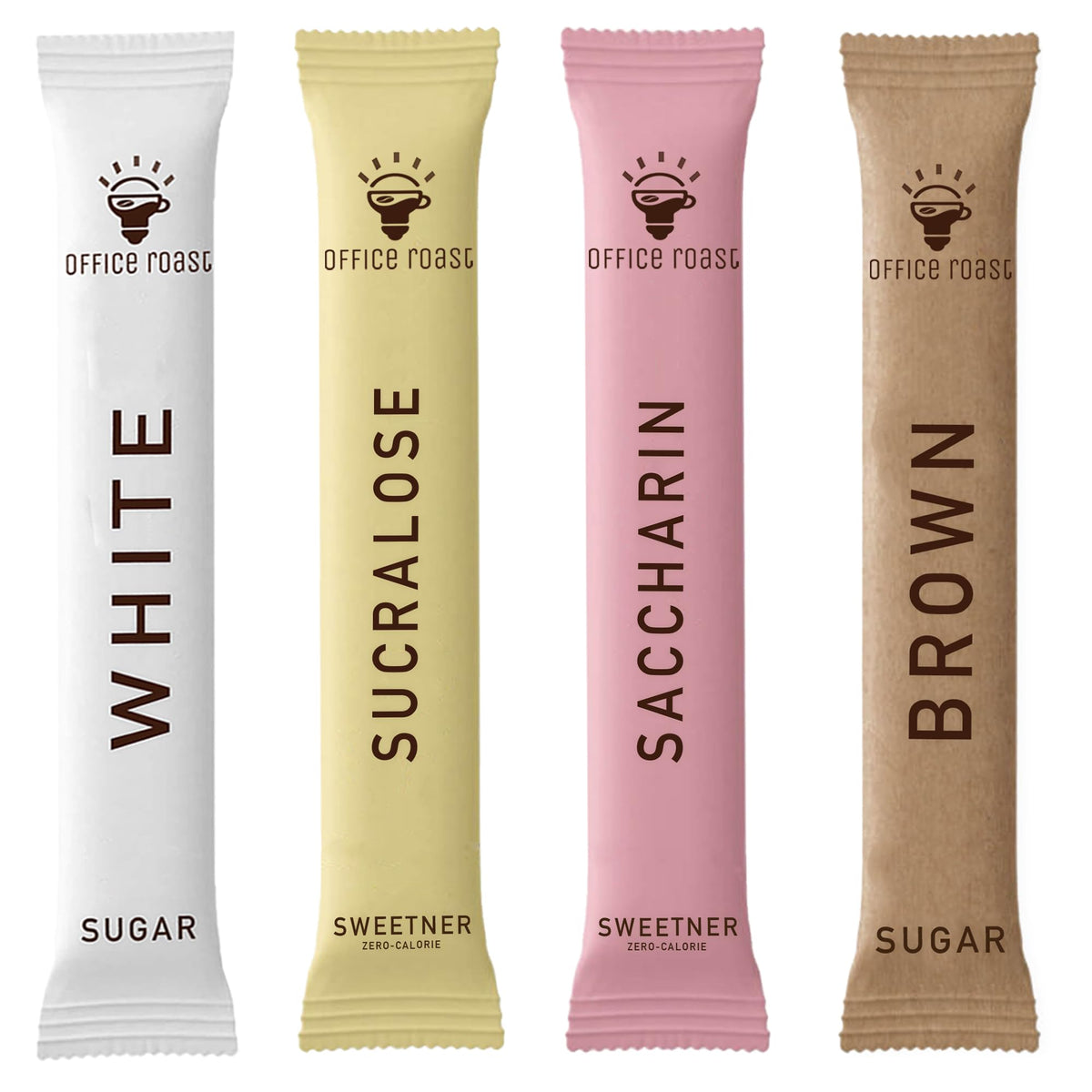 Office Roast front packaging showing four sweetener types and packet count benefits
