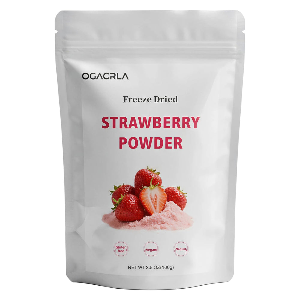 OGACRLA front pouch view showing clean-label strawberry powder and easy use