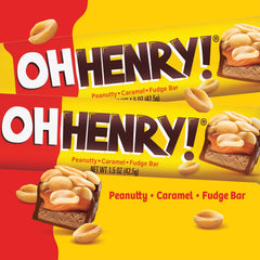 Oh Henry! close-up of peanuts and caramel highlighting crunchy, chewy contrast