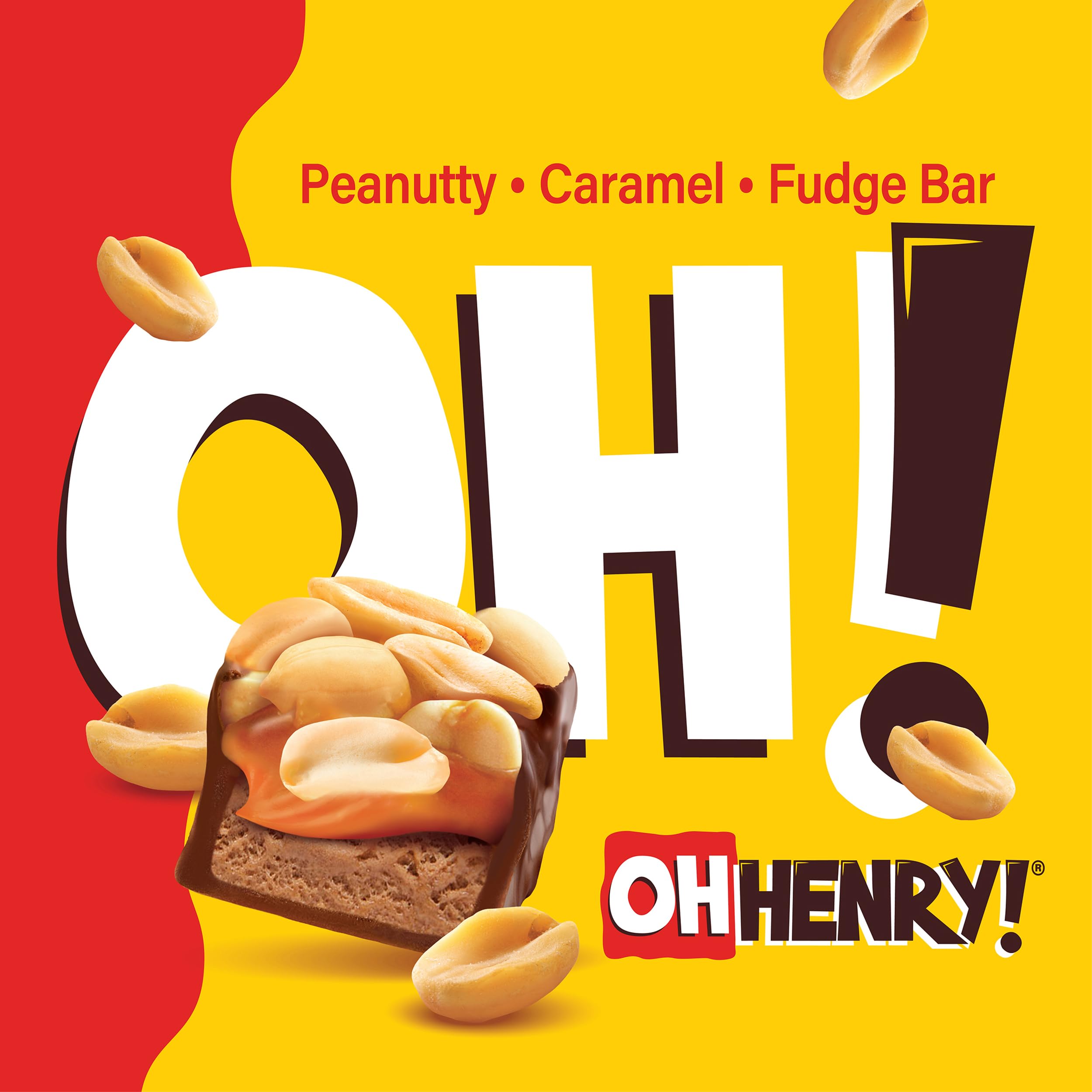 Oh Henry! split bar inside view revealing fudge, caramel, and nut layers for texture