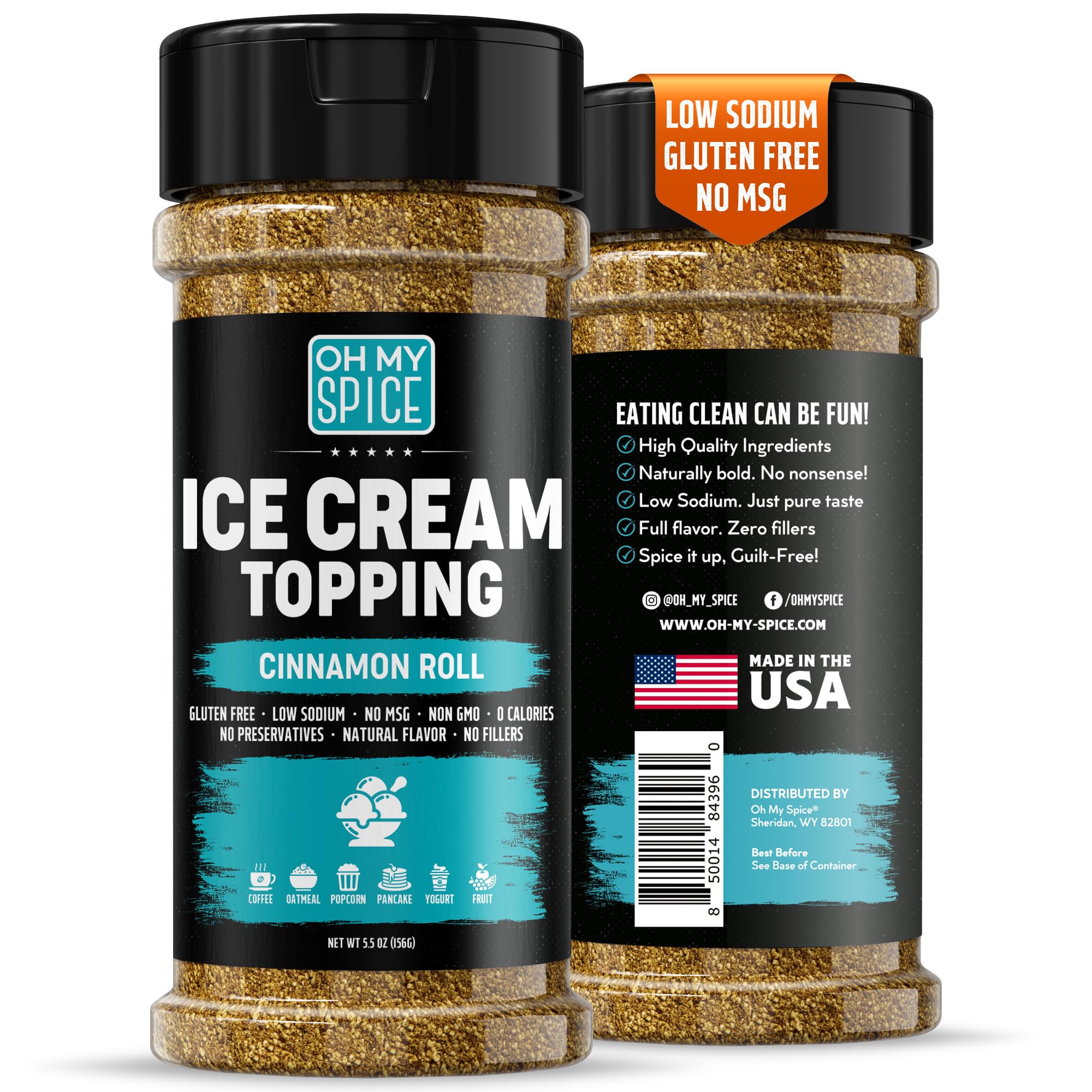 Oh My Spice front packaging showing cinnamon roll mix and serving idea