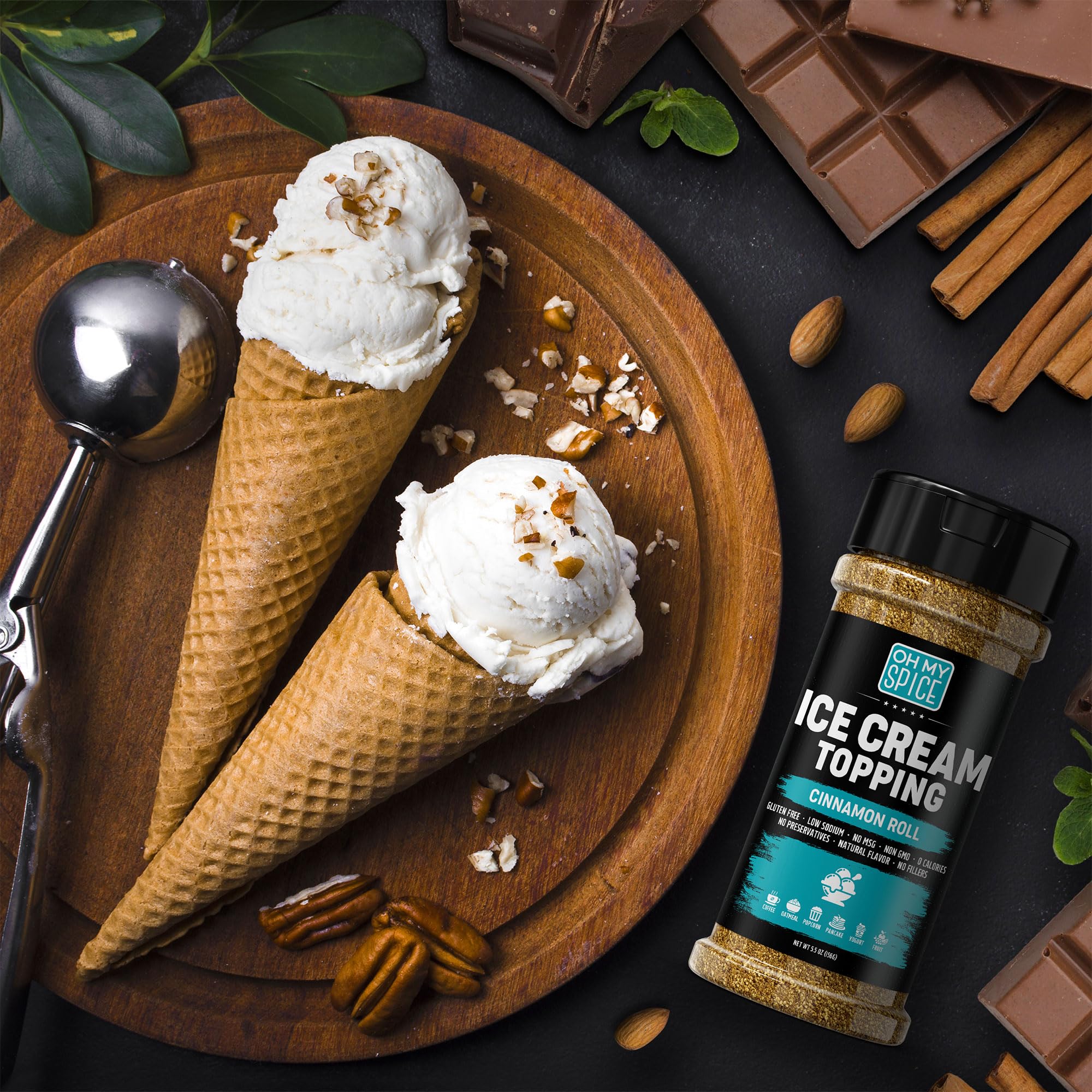 Oh My Spice next to spoon showing 5.5oz size for portioning