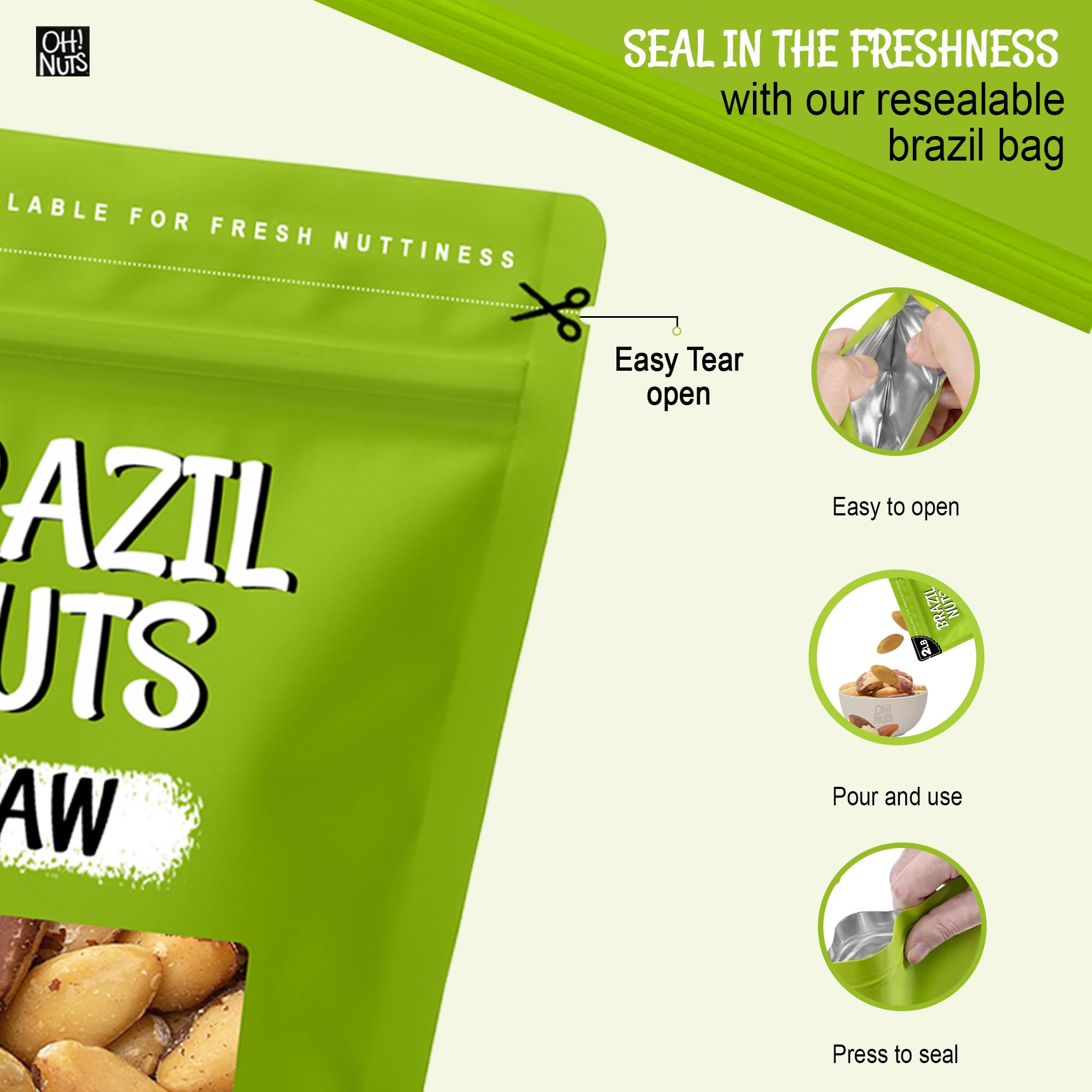 Oh! Nuts resealable bag zipper detail showing airtight storage benefit