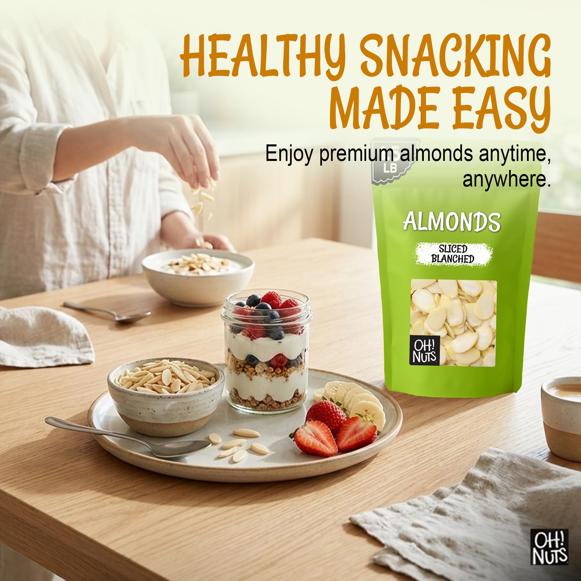 Oh! Nuts sliced almonds among baking ingredients for recipe versatility
