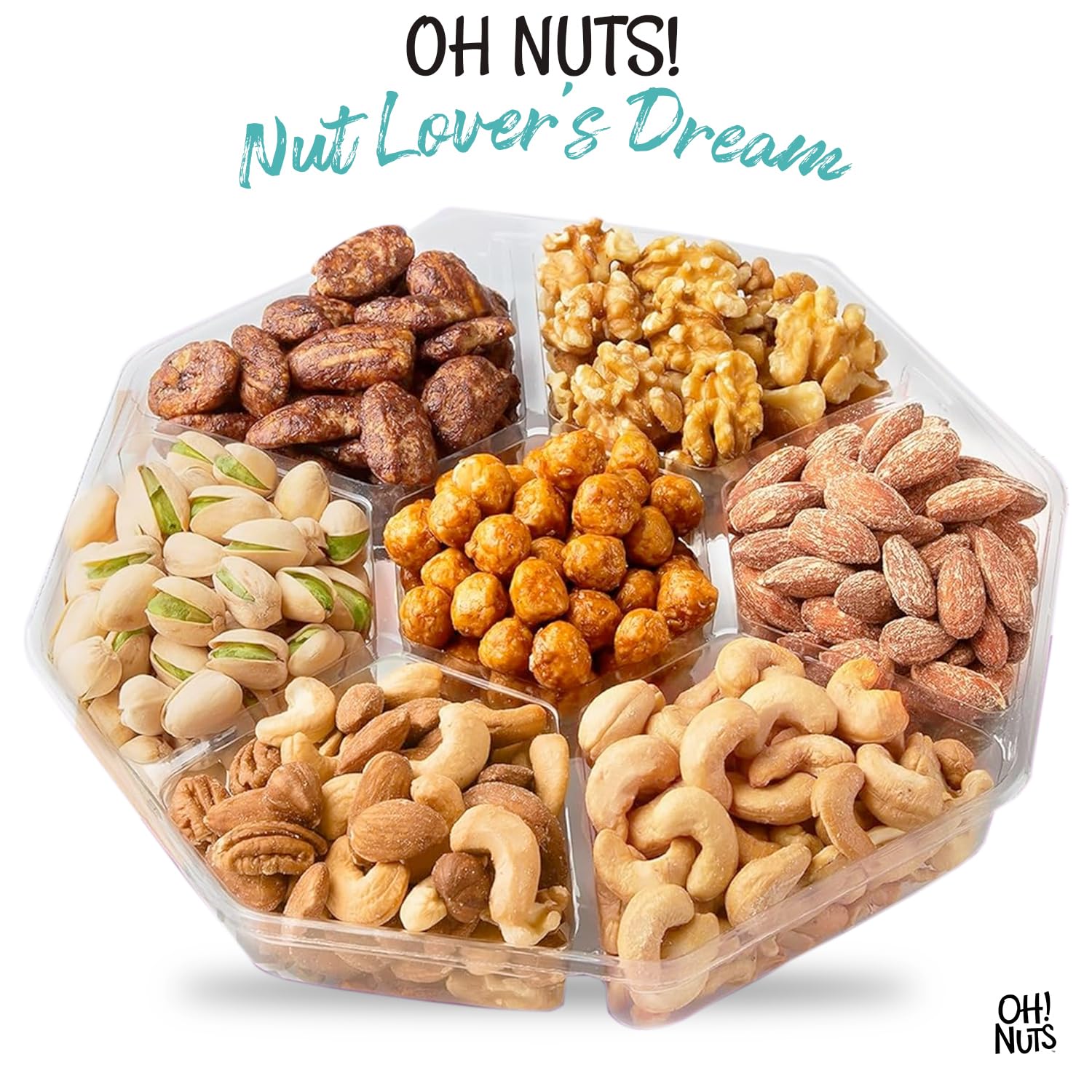 Oh! Nuts clear-lidded sectioned tray keeping seven nut varieties fresh and visible