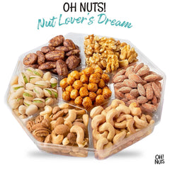 Oh! Nuts clear-lidded sectioned tray keeping seven nut varieties fresh and visible