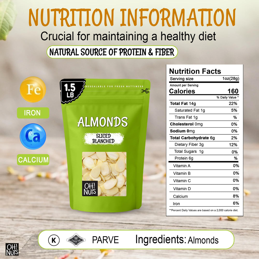 Oh! Nuts close-up of sliced blanched almonds highlighting smooth texture
