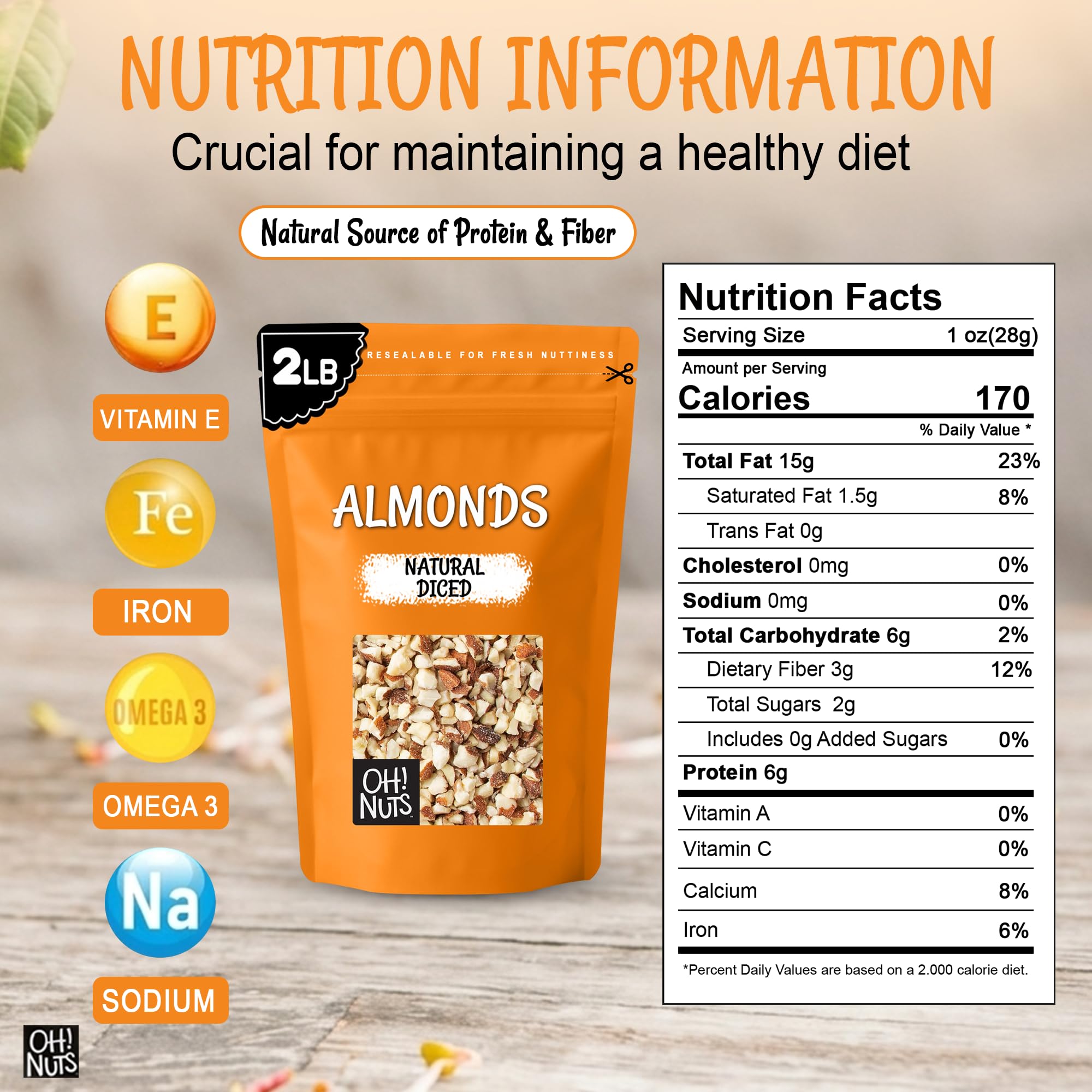 Oh! Nuts close-up of diced almond texture illustrating even chop quality