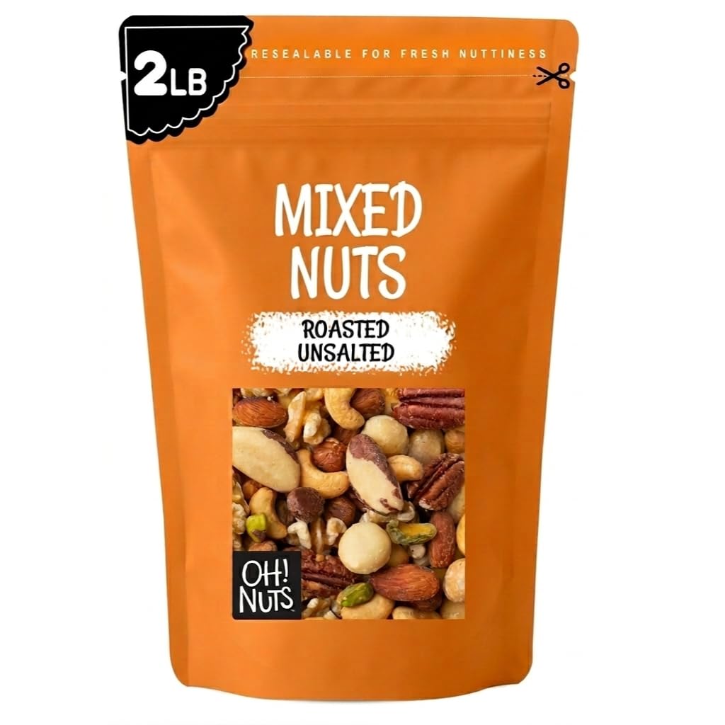 Oh! Nuts front of bag showing 2 lb unsalted mixed nuts for pantry convenience
