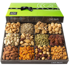 Oh! Nuts front view tray showing wooden box and 12 sections for elegant gifting