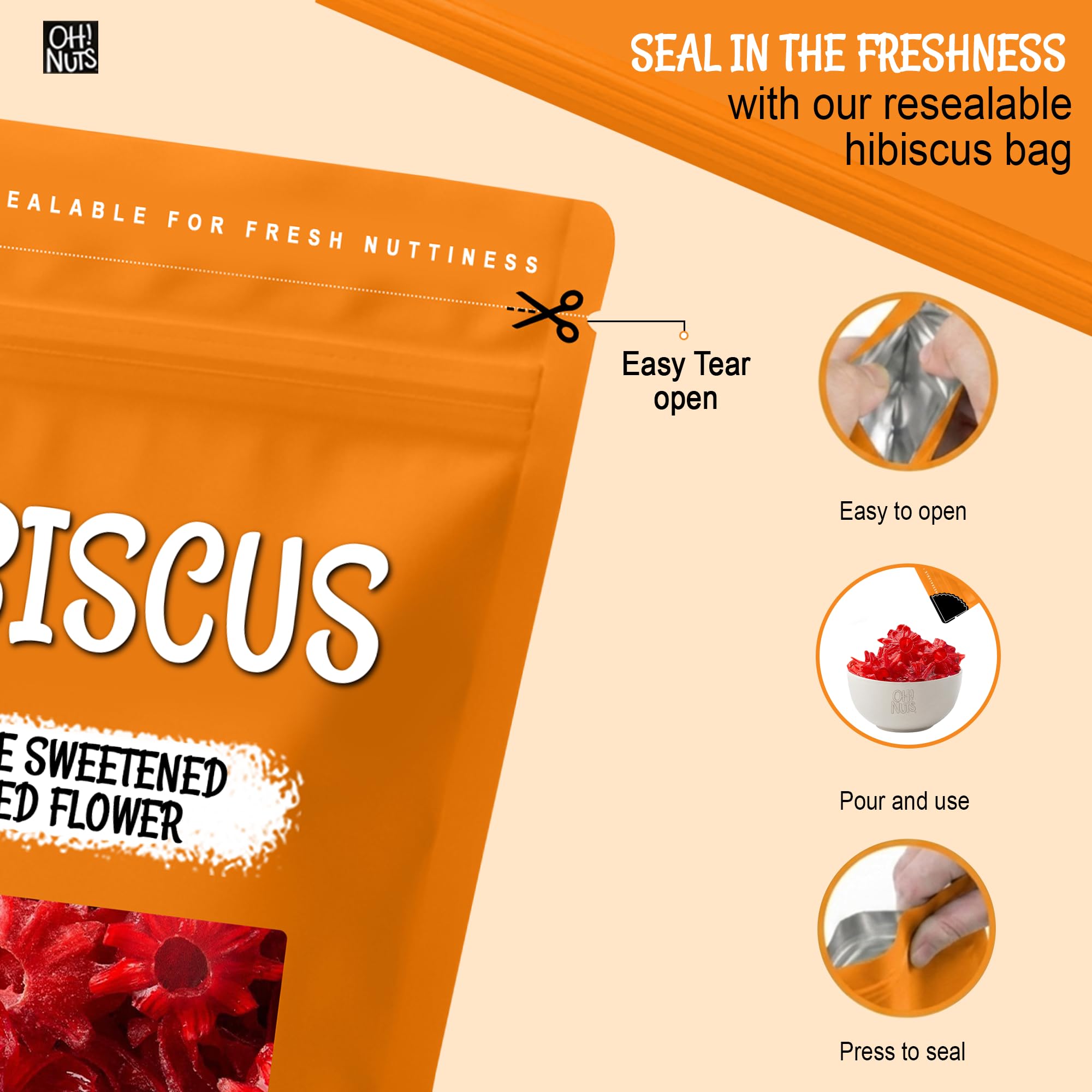 Oh! Nuts close-up of hibiscus petal texture, highlights natural whole-flower quality