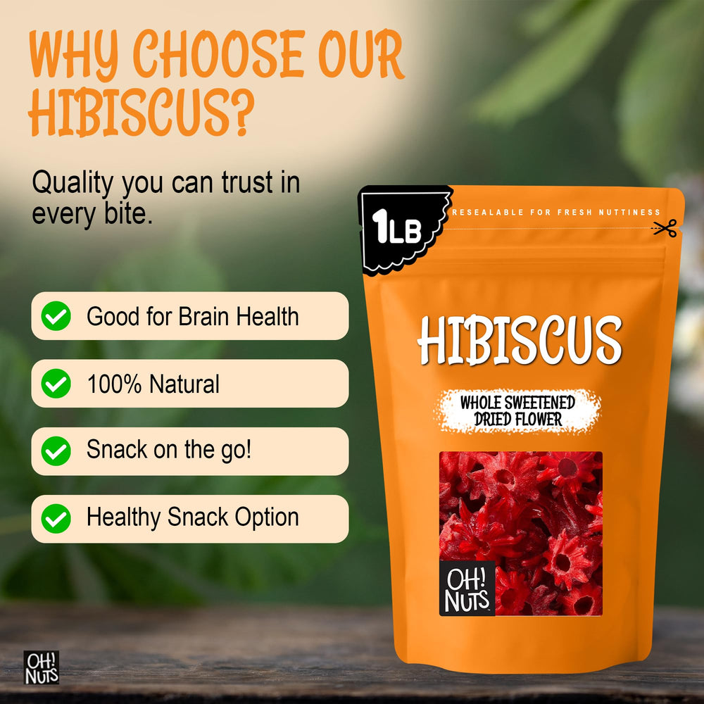 Oh! Nuts ingredient and nutrition label close-up, confirms pure dried hibiscus