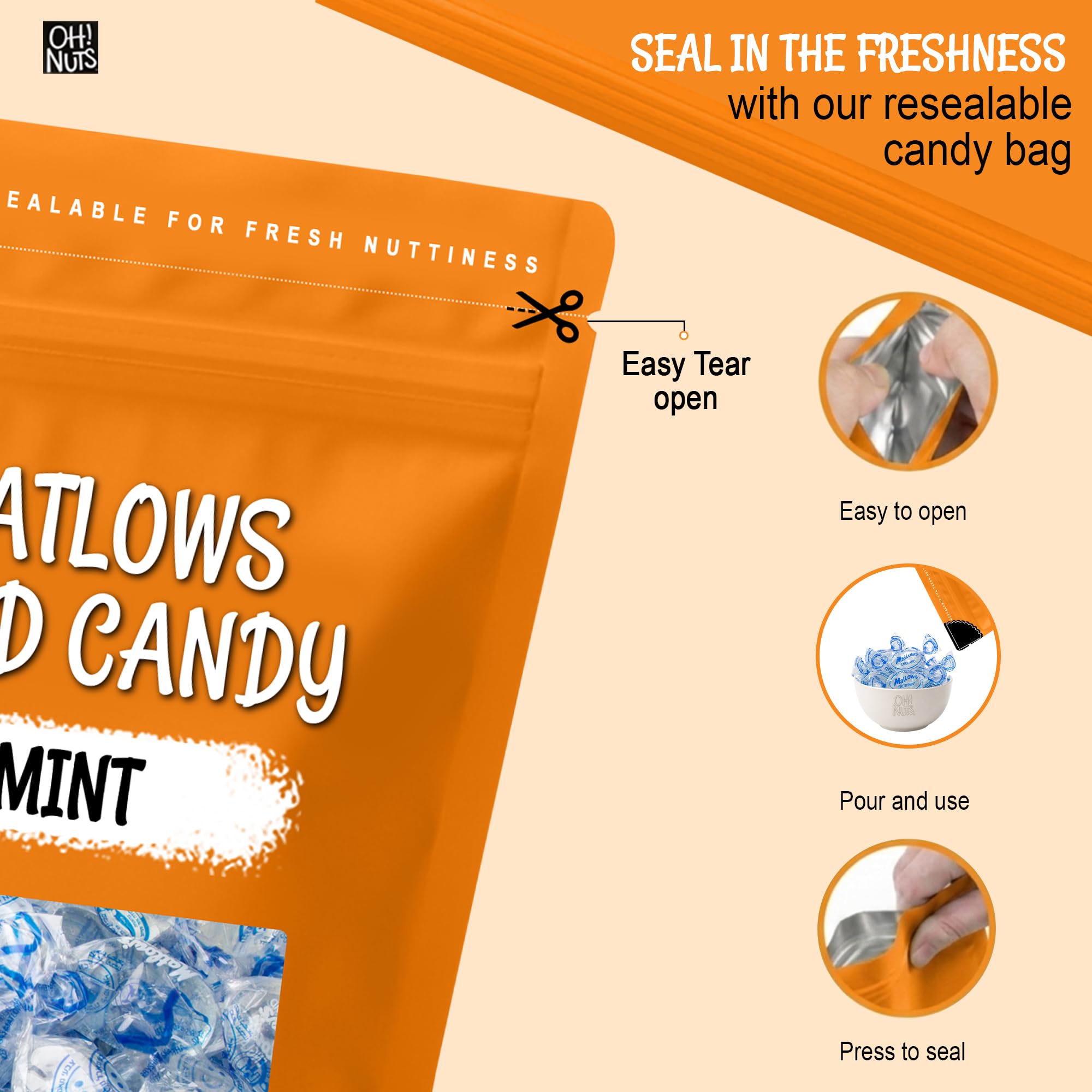 Oh! Nuts individually wrapped mint piece highlighting hygiene and easy sharing