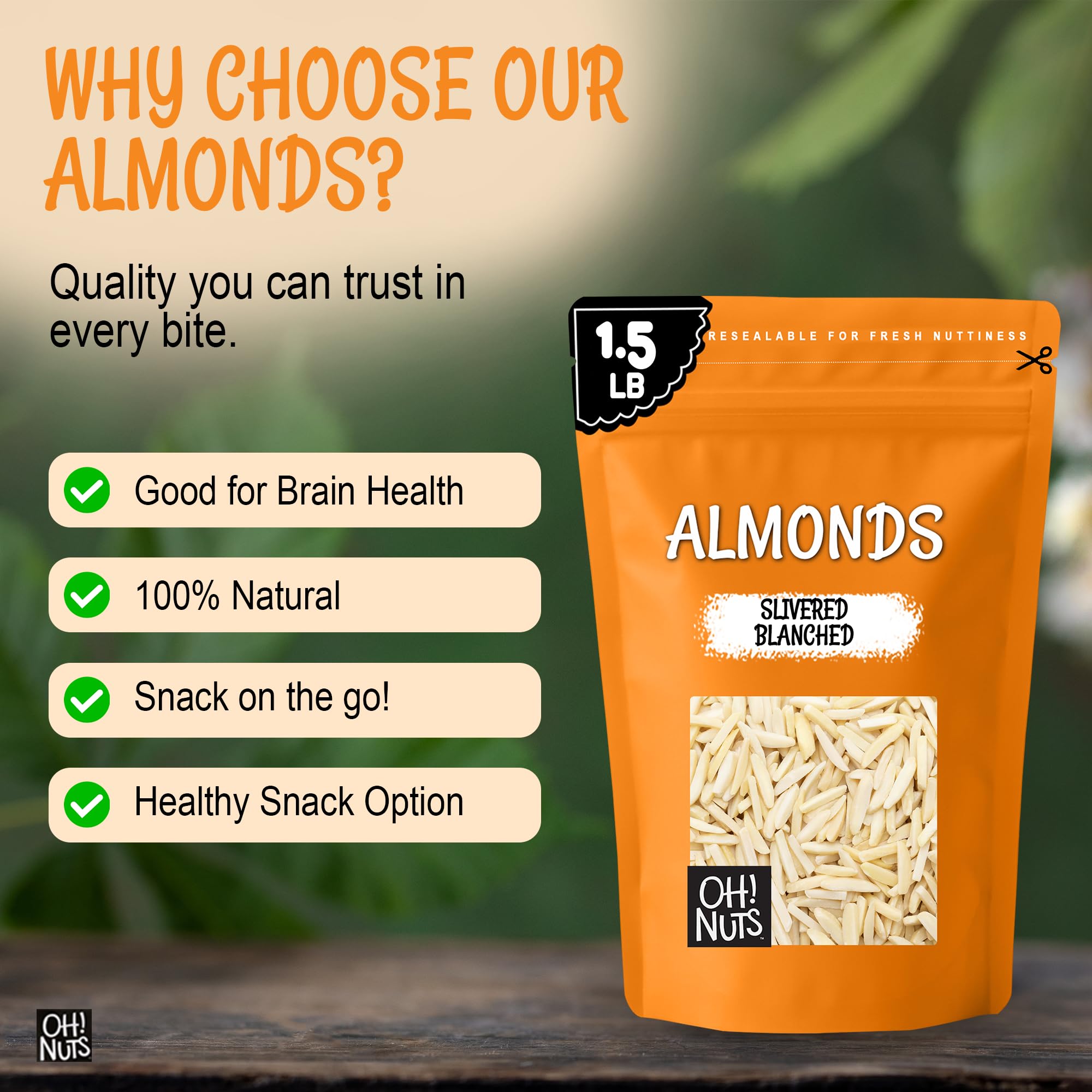 Oh! Nuts almonds next to baking ingredients illustrating versatility for recipes