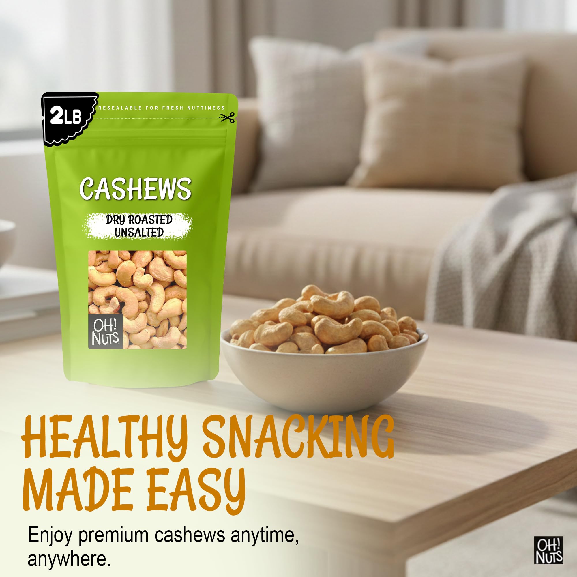 Oh! Nuts cashews measured in a cup displaying 2 lb portion size clarity