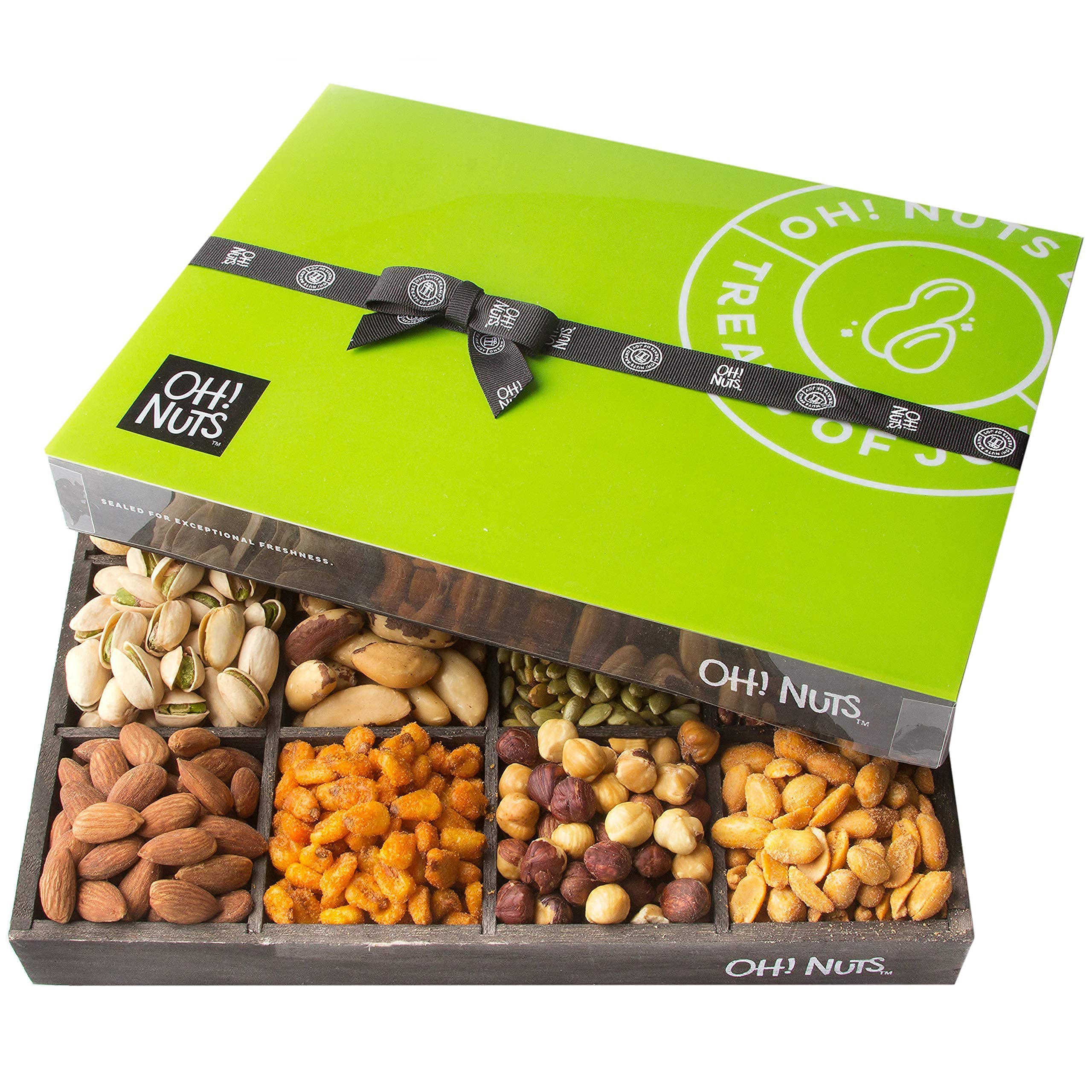 Oh! Nuts open lidded compartments revealing separated nuts for easy sharing