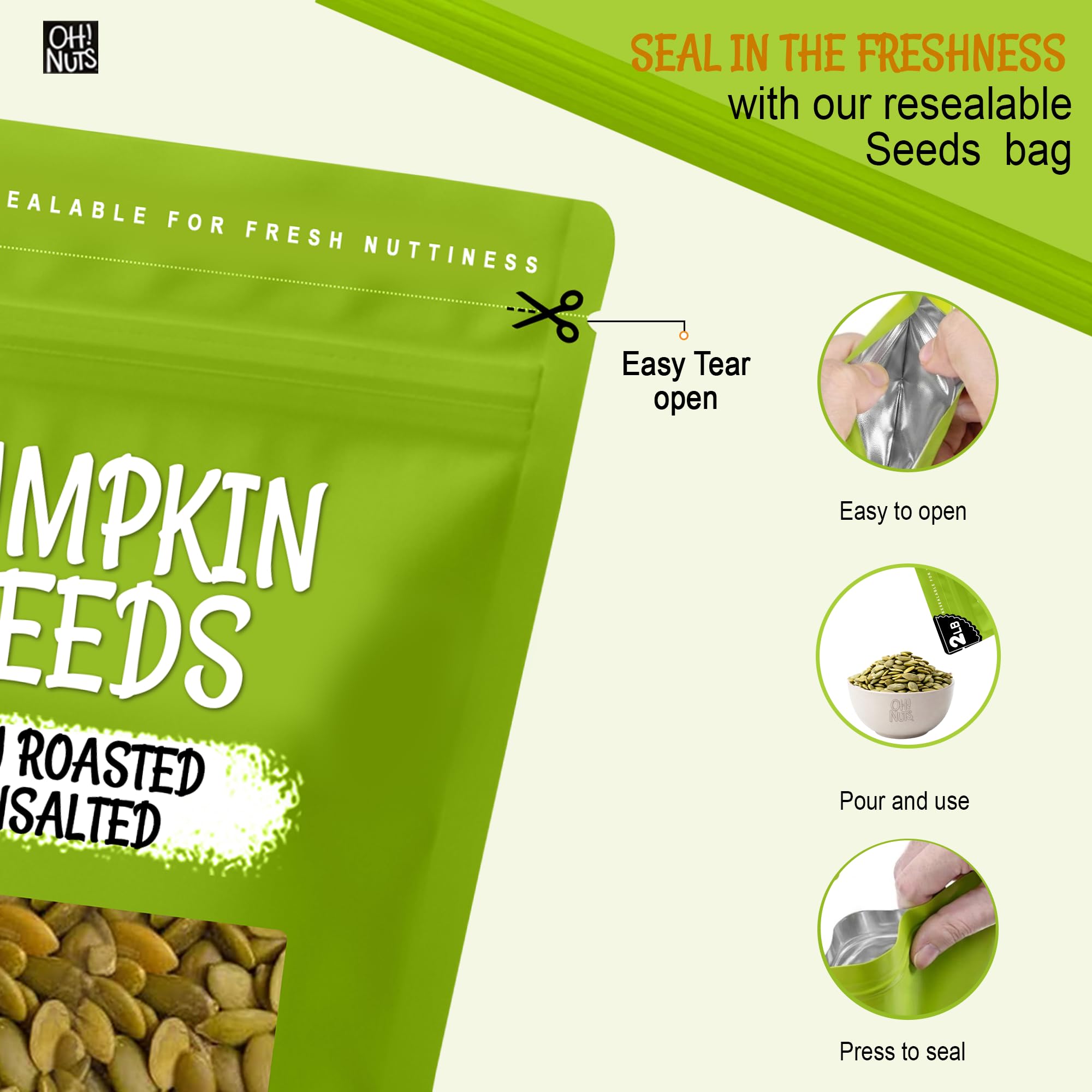 hand holding Oh! Nuts pepitas to show size and portion control benefit