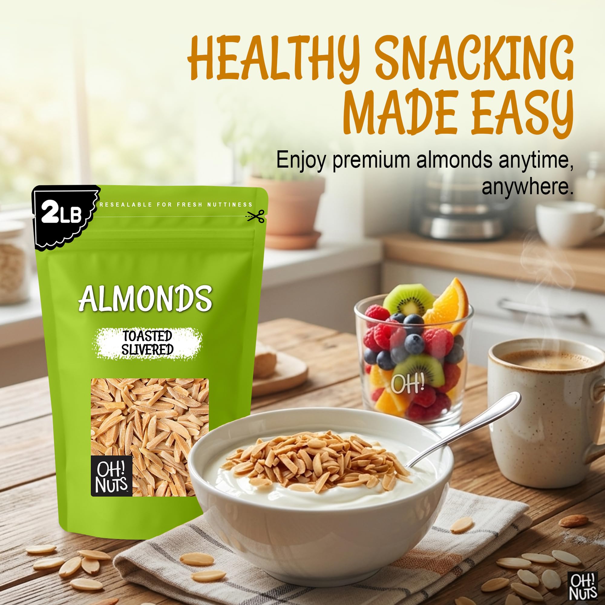 Oh! Nuts resealable top visible for freshness and easy storage