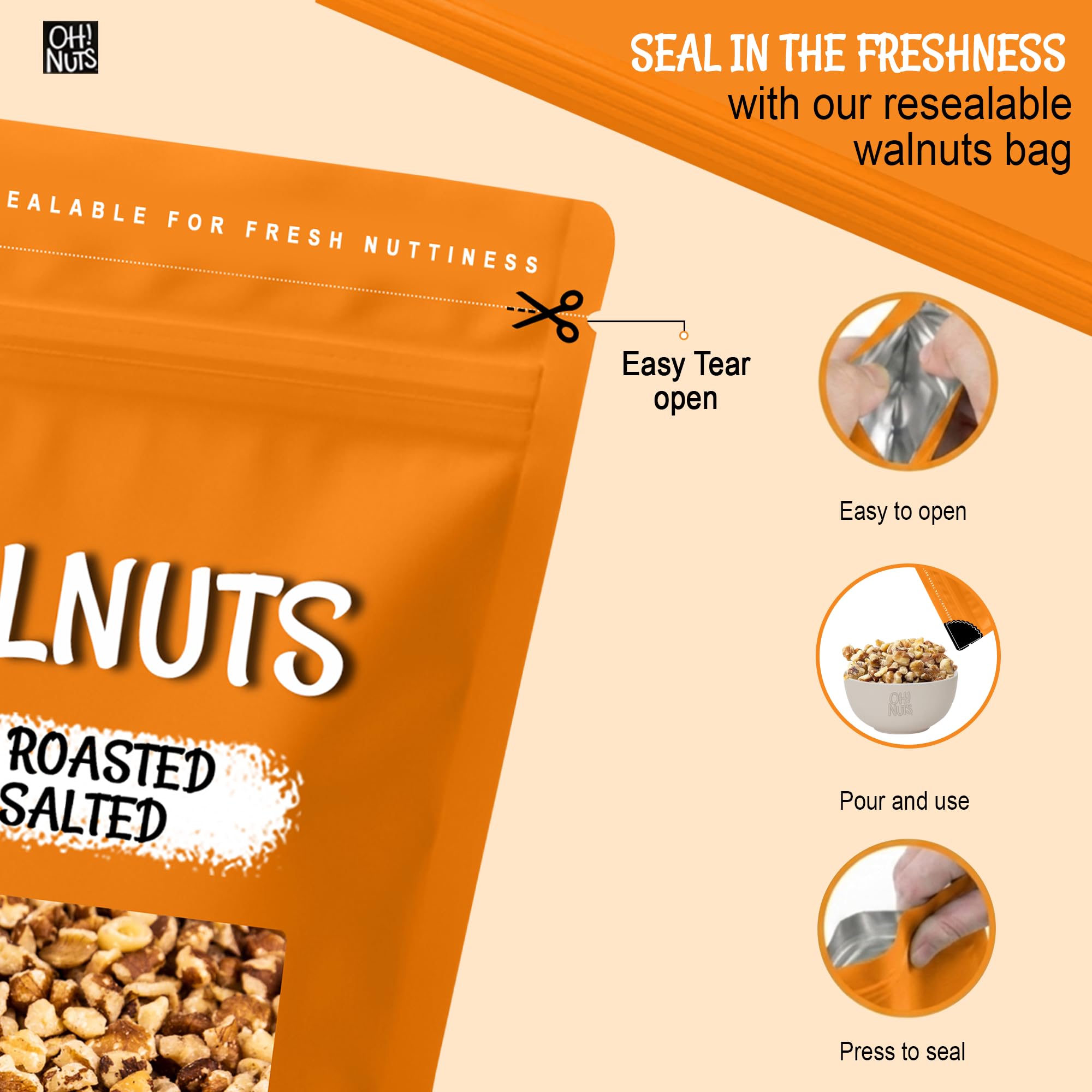 Oh! Nuts walnut surface texture detail emphasizing toasted color and rich flavor