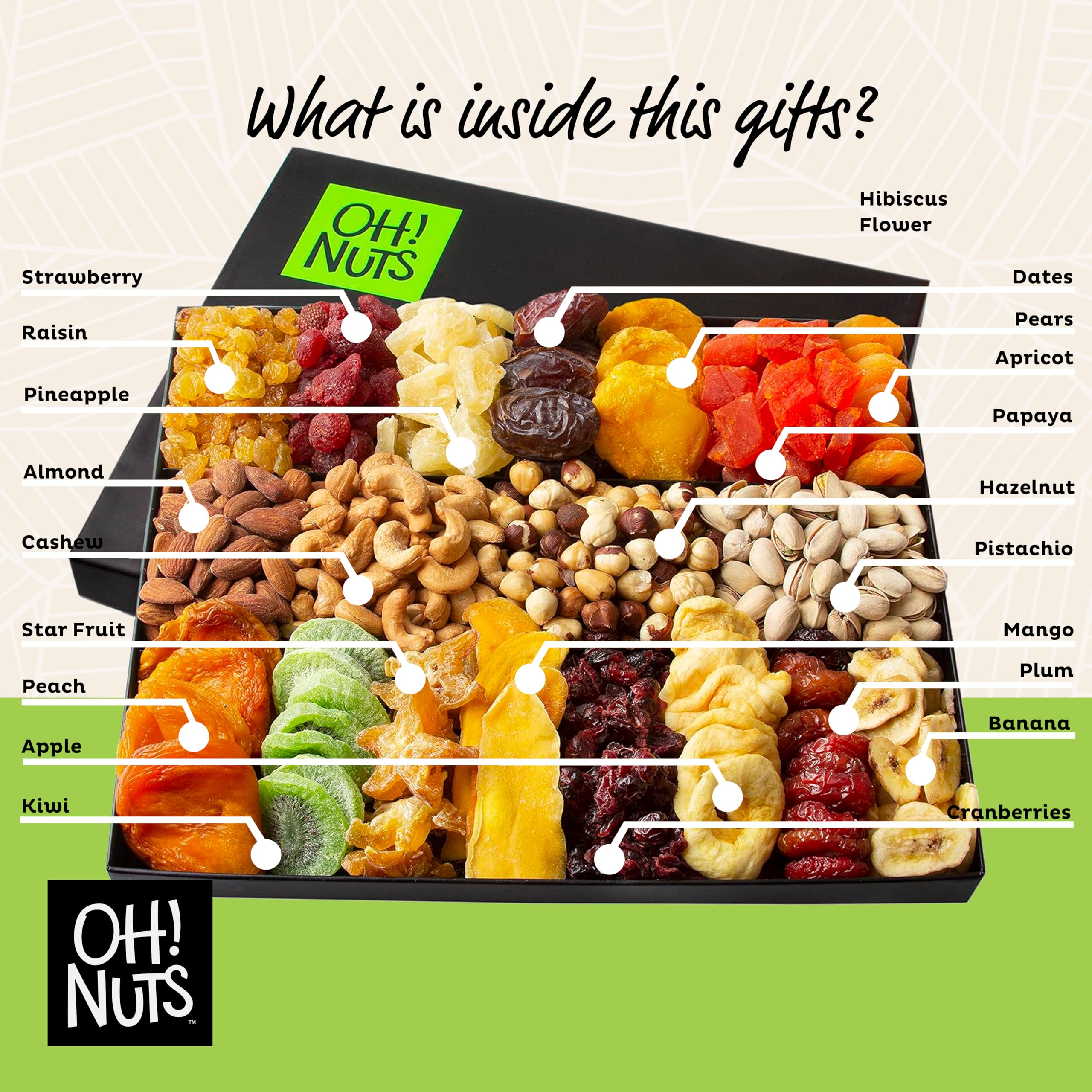 Oh! Nuts basket next to common items to show XL19 size and generous portions