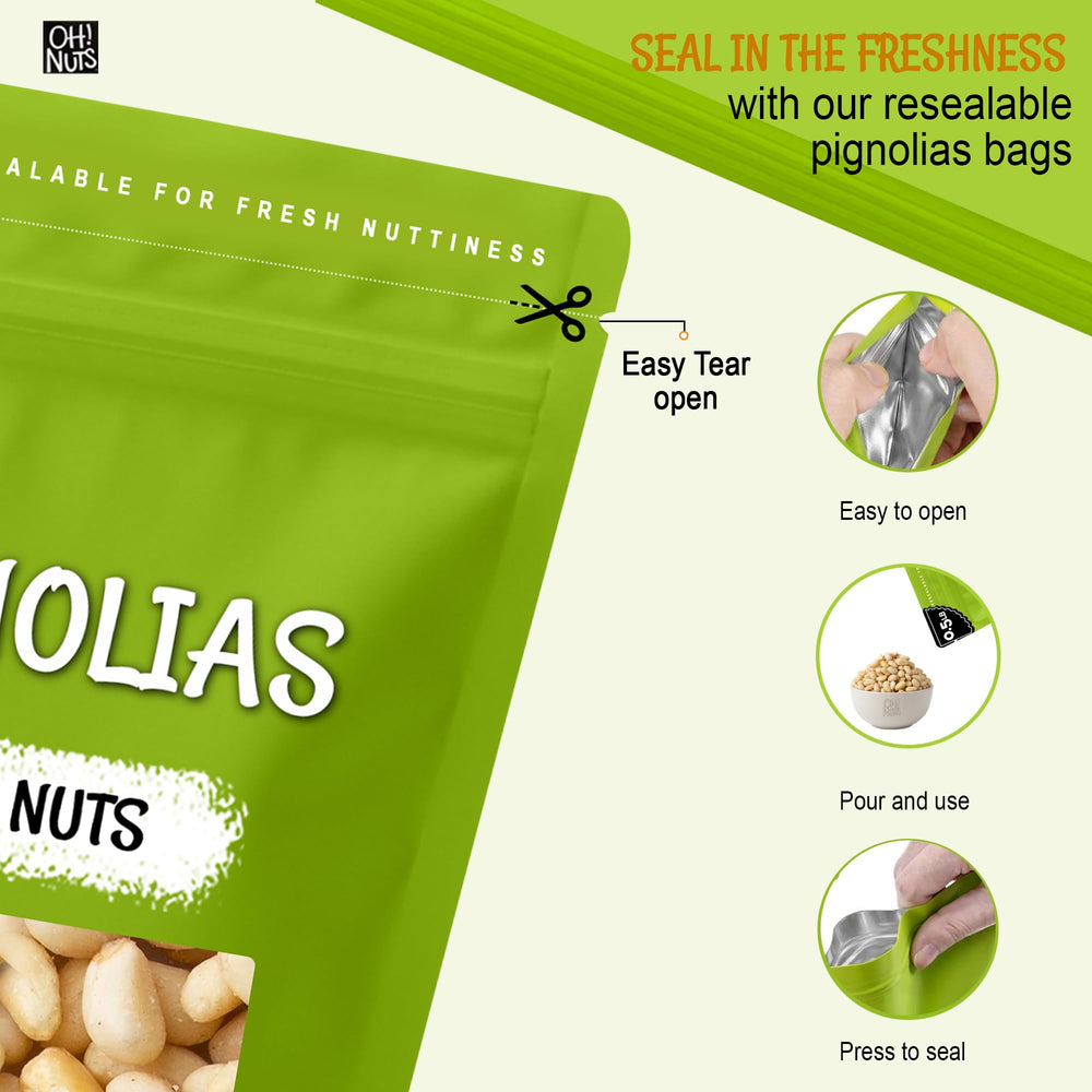 Close-up of Oh! Nuts pine nuts showing creamy kernels and superior quality