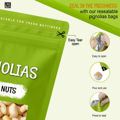 Close-up of Oh! Nuts pine nuts showing creamy kernels and superior quality