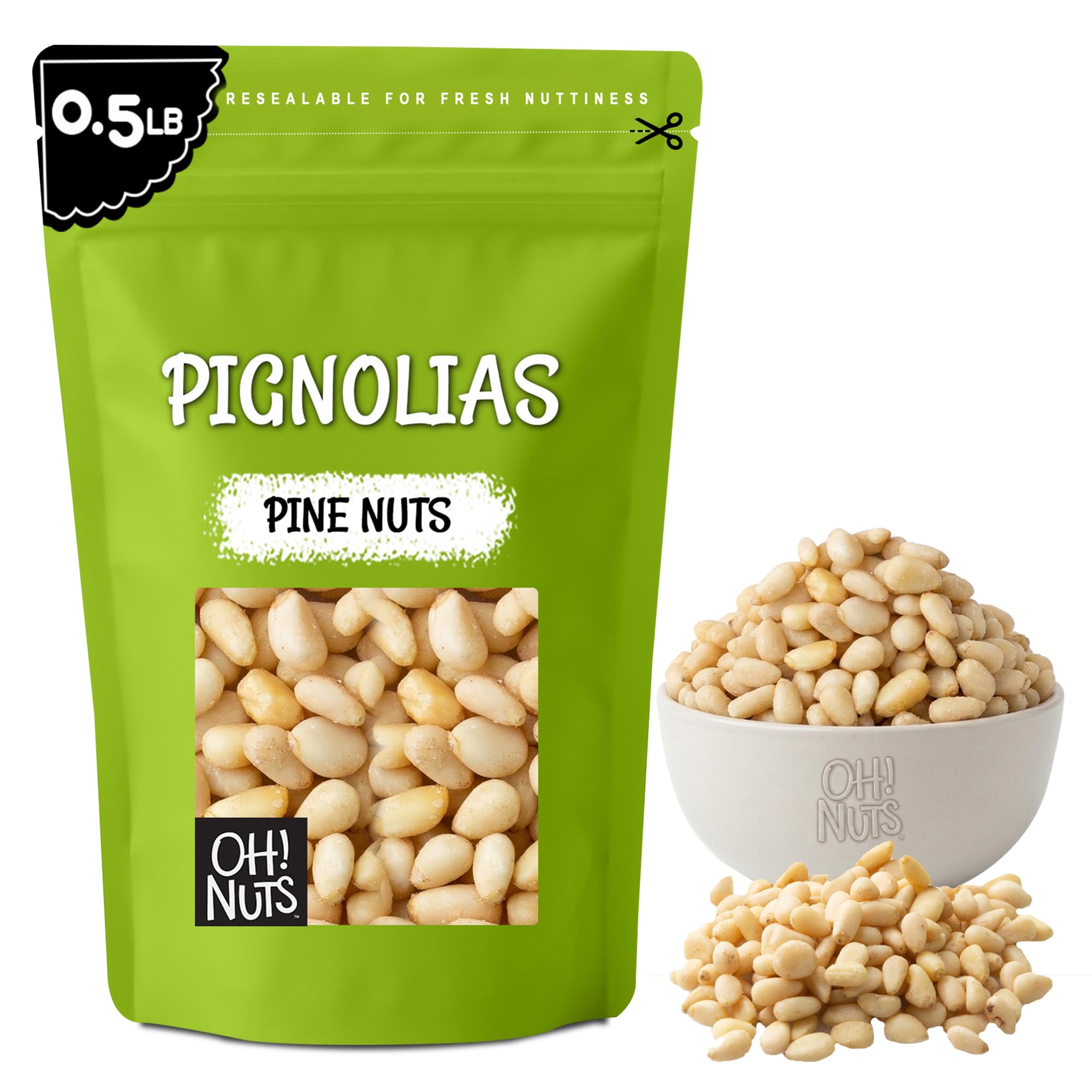 Oh! Nuts front packaging of 8oz pine nuts showing brand and sealed freshness