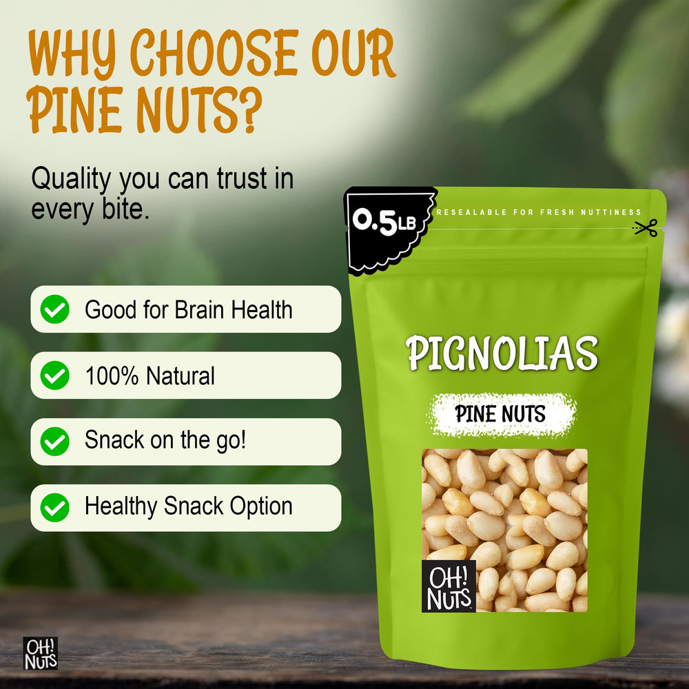 Product label close-up on Oh! Nuts pine nuts showing kosher and vegan marks