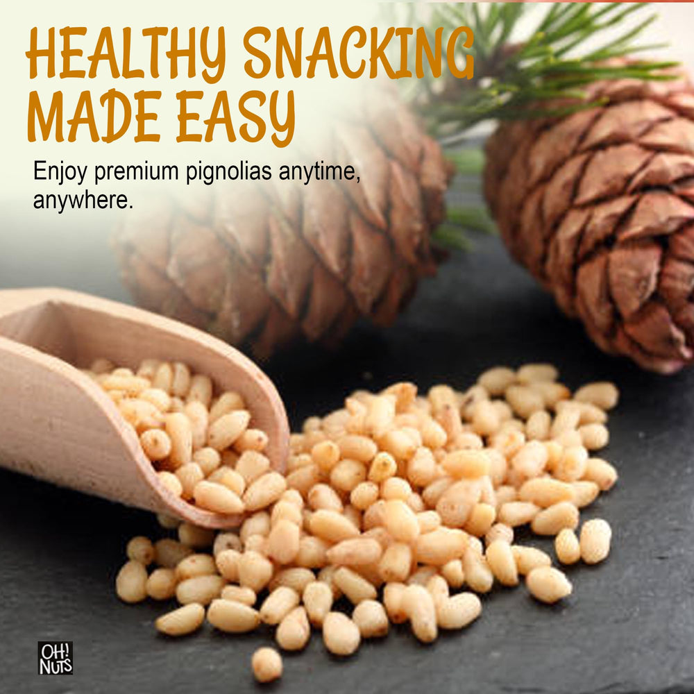 Toasted Oh! Nuts pine nuts on a spoon highlighting enhanced crunch and aroma