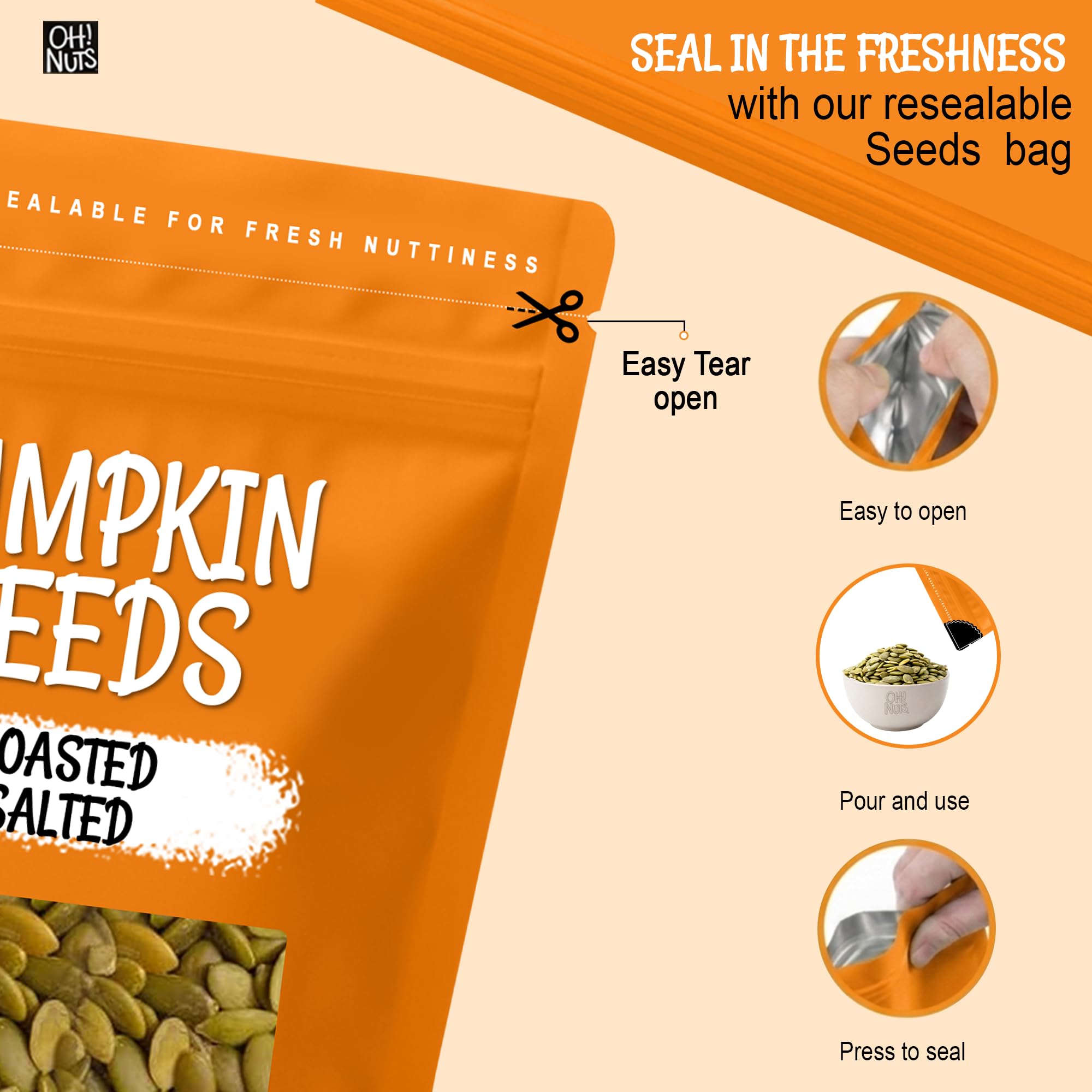 Oh! Nuts bowl of pumpkin seeds from above showing portioning and ready-to-eat benefit