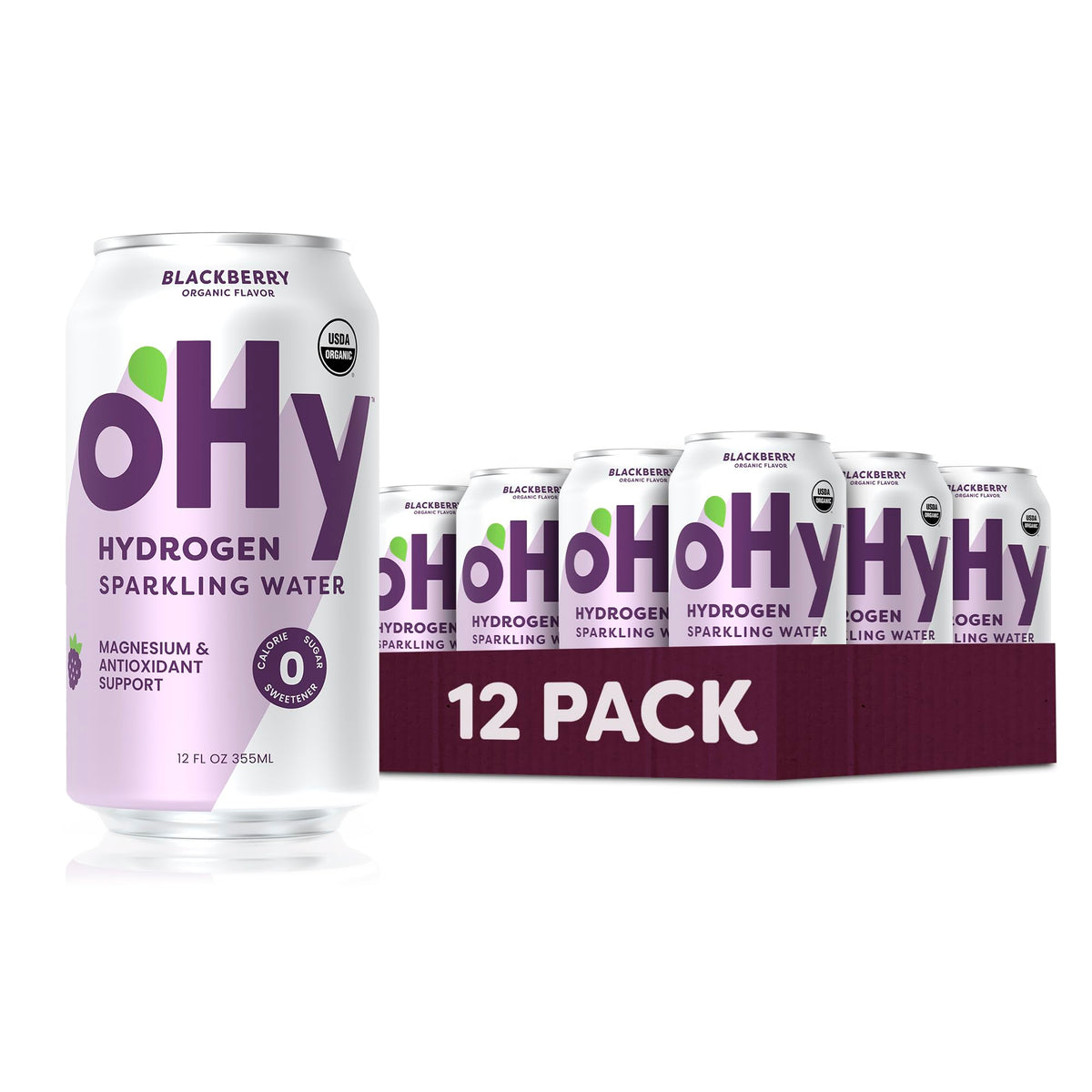 oHy blackberry 12-pack front view showing organic label and smooth fizz benefits