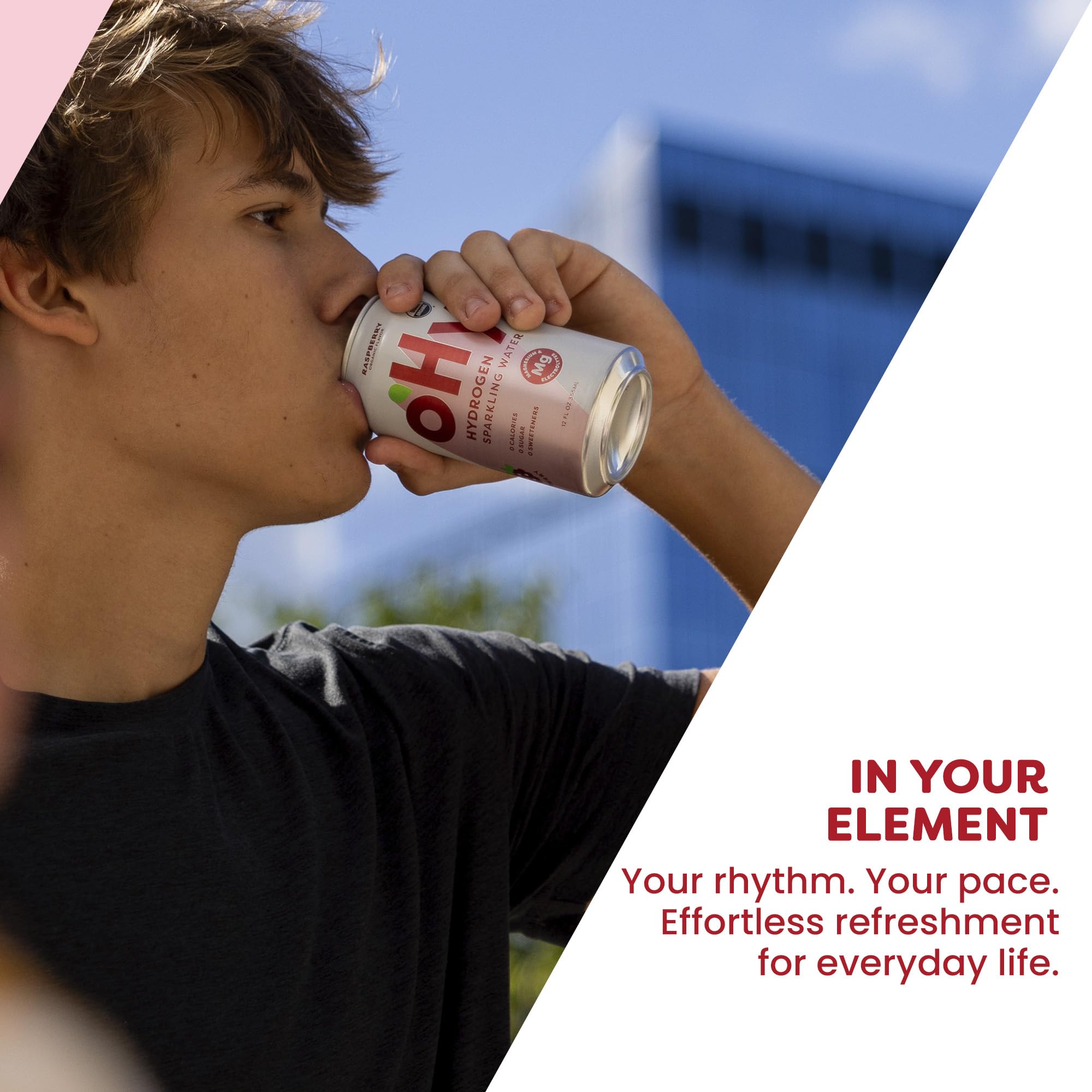 oHy raspberry can held in hand showing 12oz scale and convenient portability