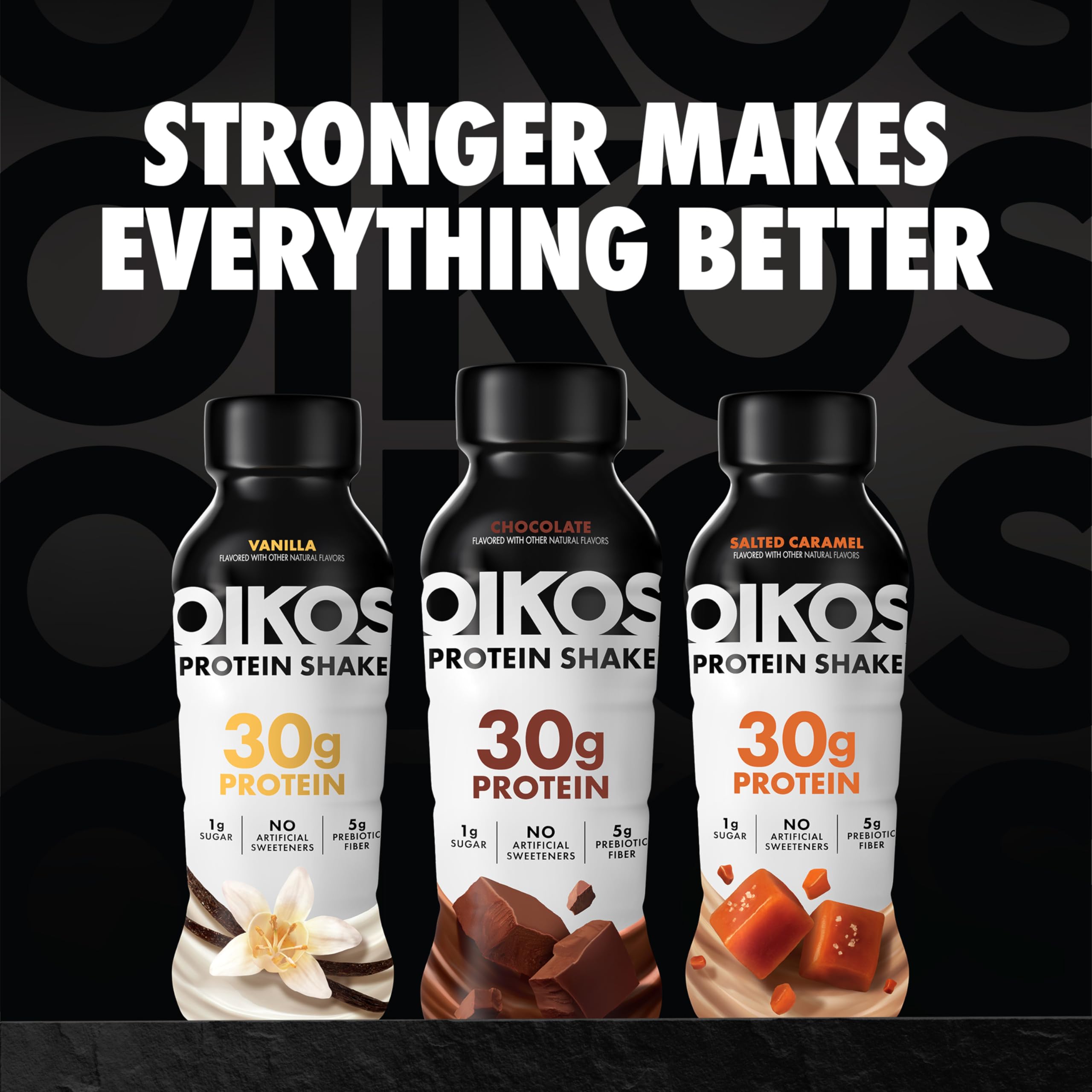 Oikos bottle on work desk delivering quick midday protein snack