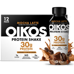 Oikos front packaging showing mocha latte bottle and brand for convenient protein