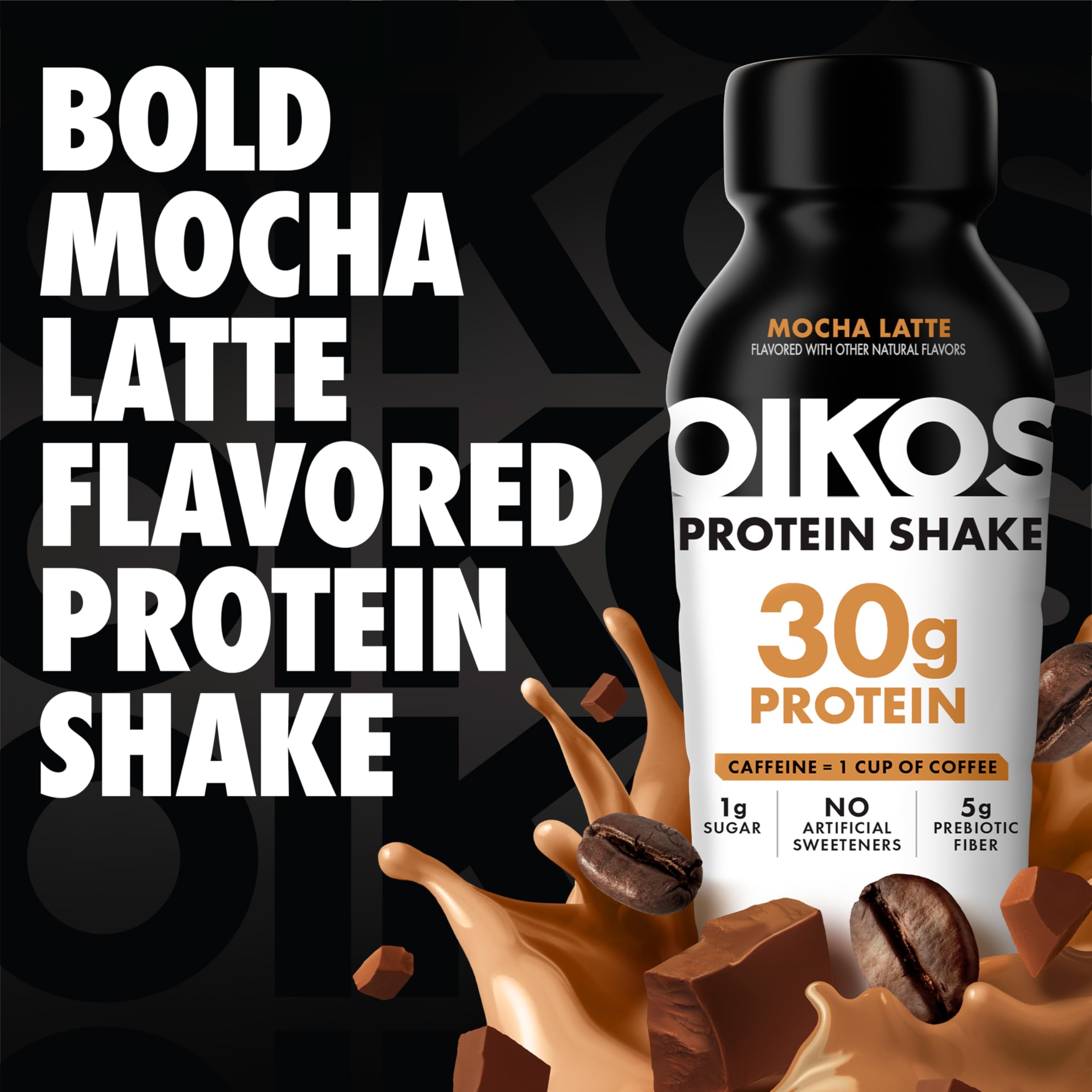 Close-up of Oikos label highlighting mocha latte flavor and protein content benefit