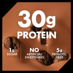 Oikos mocha latte poured into a glass showing creamy texture and scoopable protein