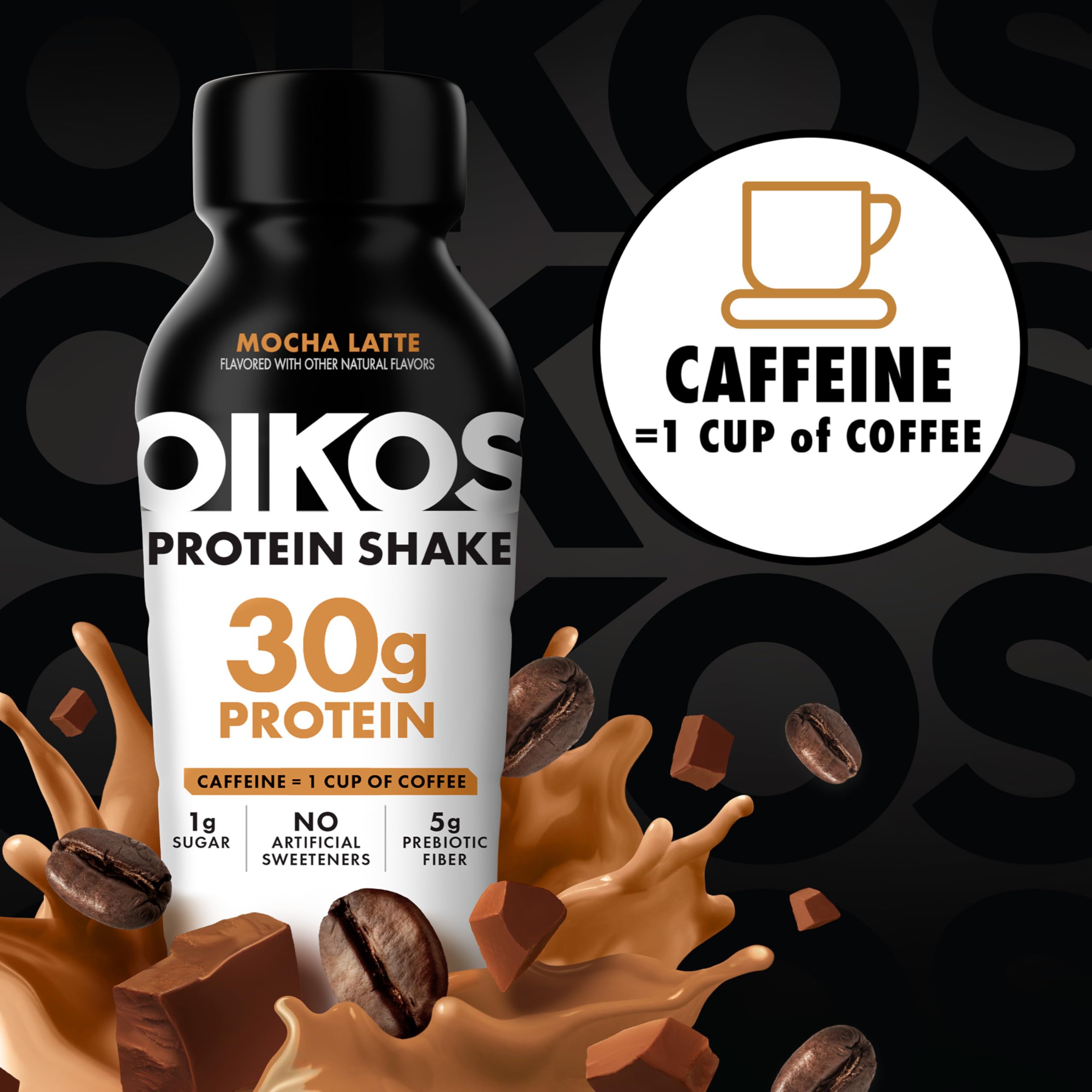 Detail of Oikos mocha latte surface to show creamy texture and appealing cocoa swirls