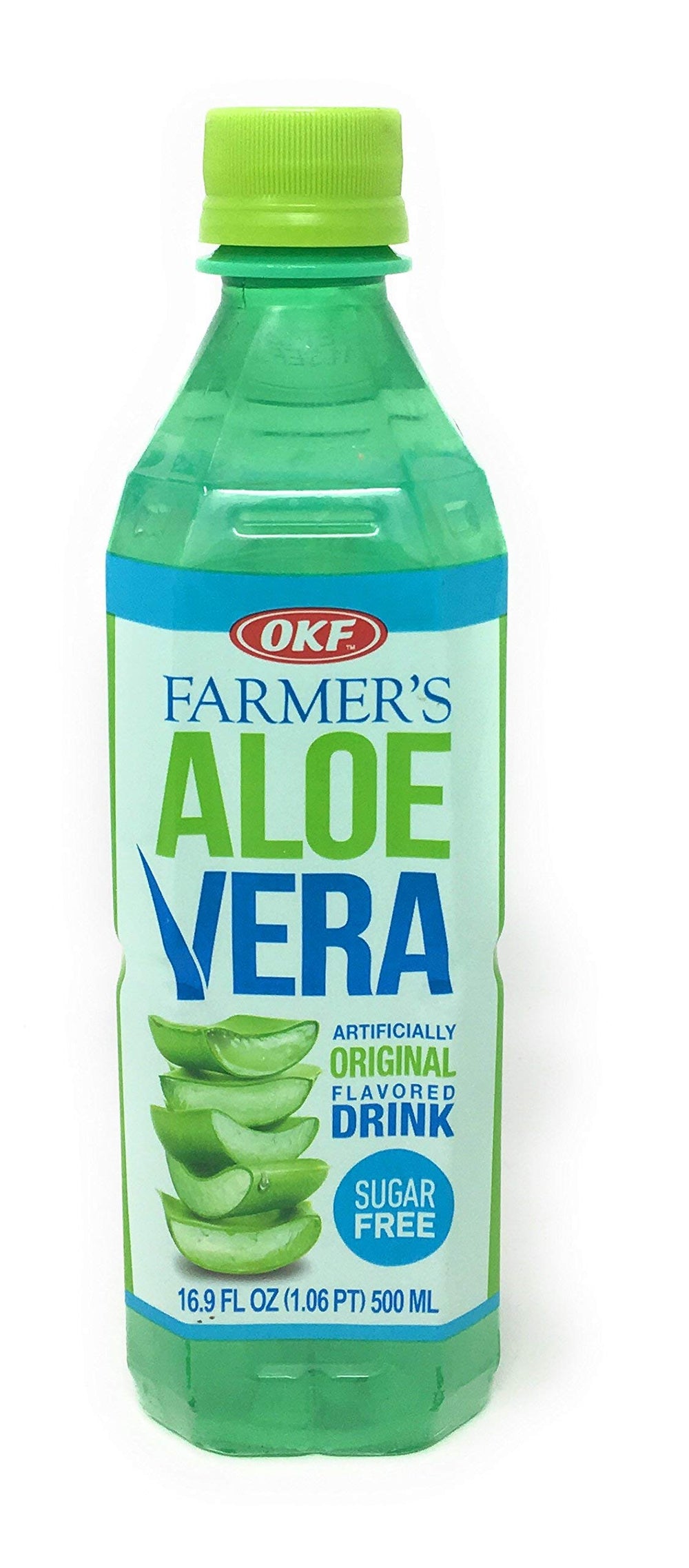 OKF aloe vera front packaging showing bottle and 12-pack for convenient storage