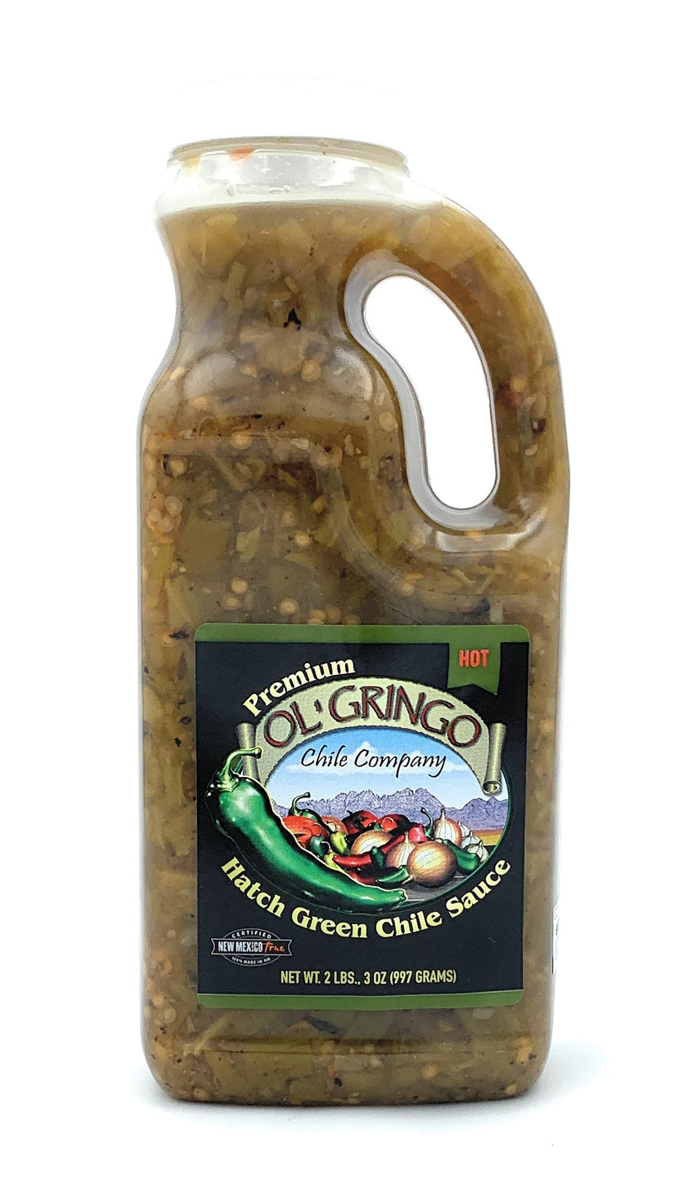 Ol' Gringo front bottle label showing hatch green chile and easy-pour benefit