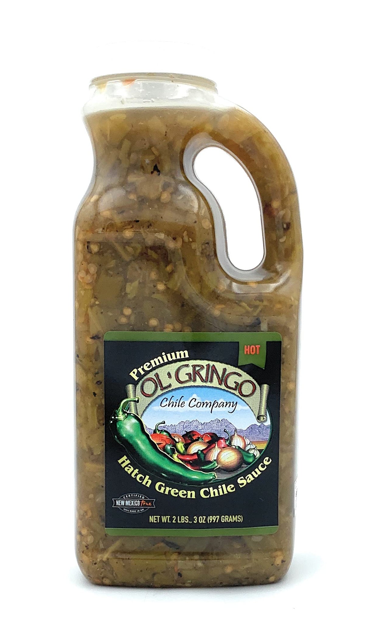 Ol' Gringo front bottle label showing hatch green chile and easy-pour benefit