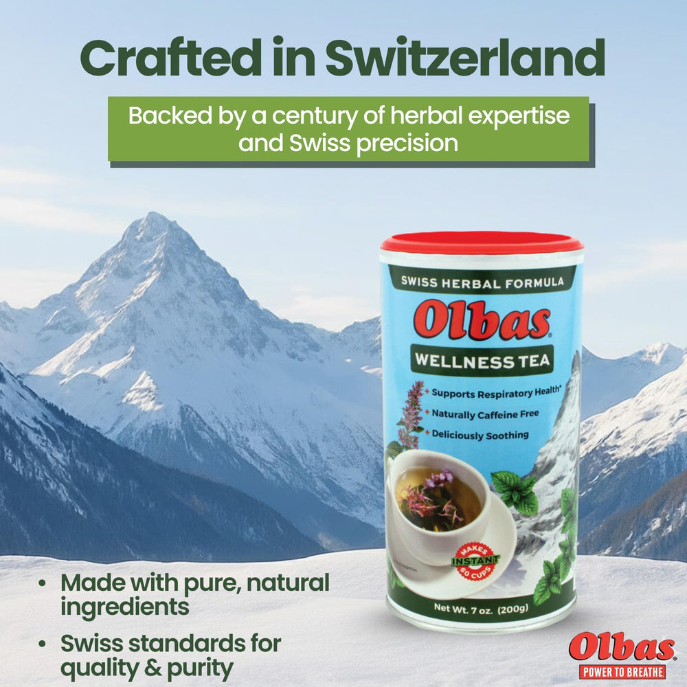 Olbas label close-up showing Swiss herbal formula details