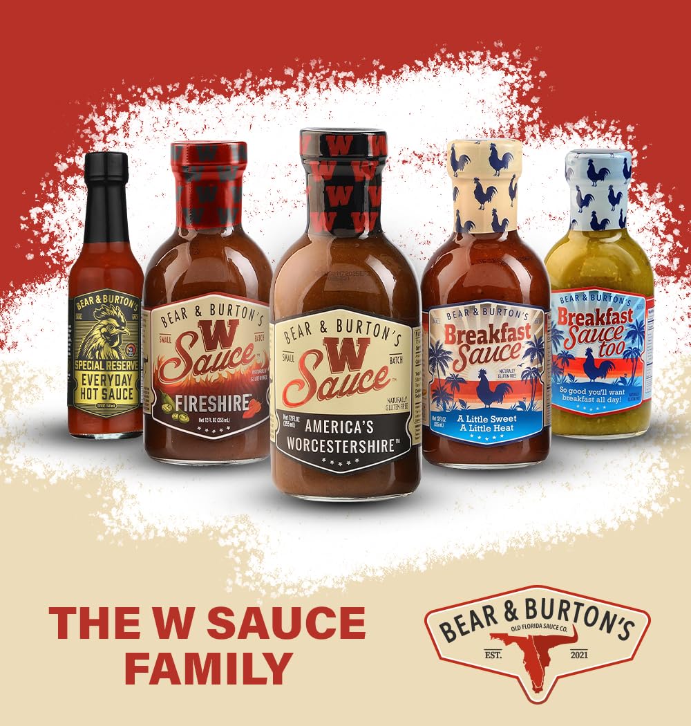Old Florida Sauce Co. bottles on pantry shelf indicating storage-ready benefit for easy access