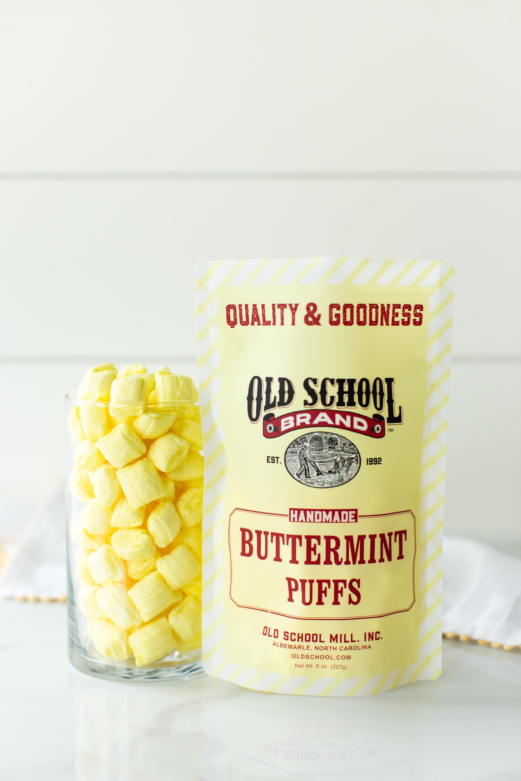 Old School Brand bag beside a measuring cup showing 8-ounce scale clarity