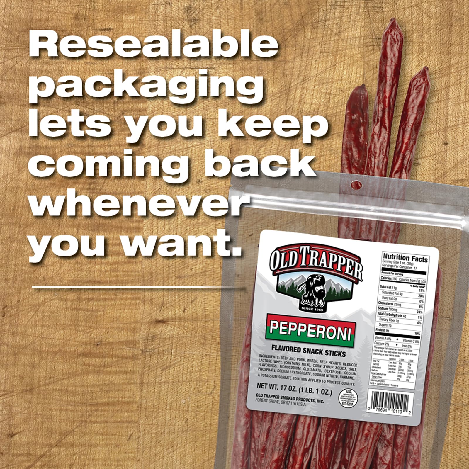 Old Trapper resealable bag zipper being closed to preserve freshness and portion control