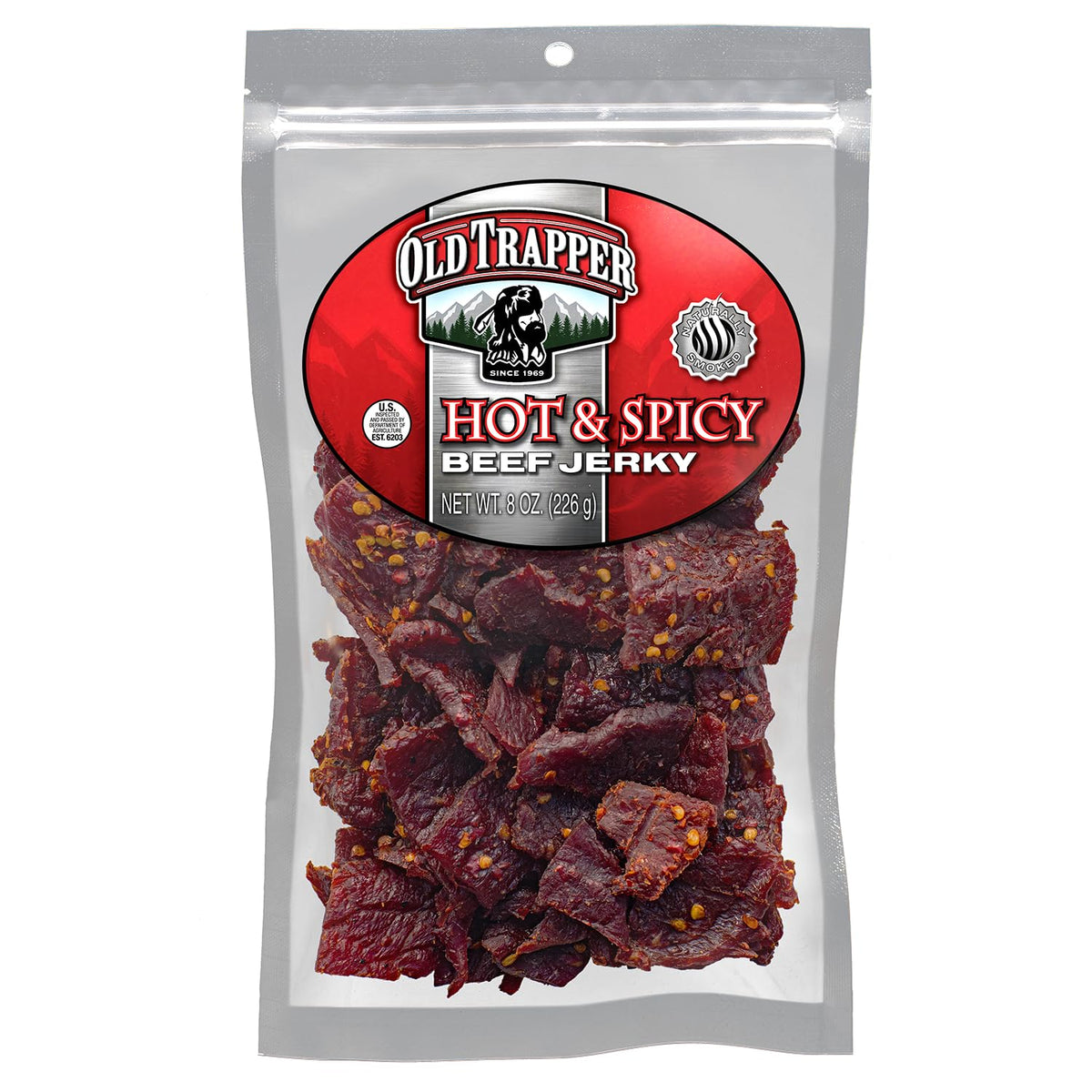 Old Trapper front package showing hot & spicy 8 oz and resealable benefit