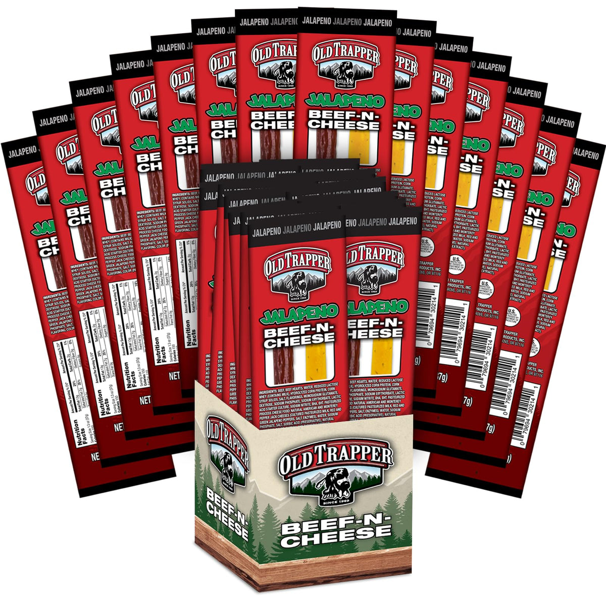 Old Trapper front packaging showing jalapeño beef-and-cheese benefits